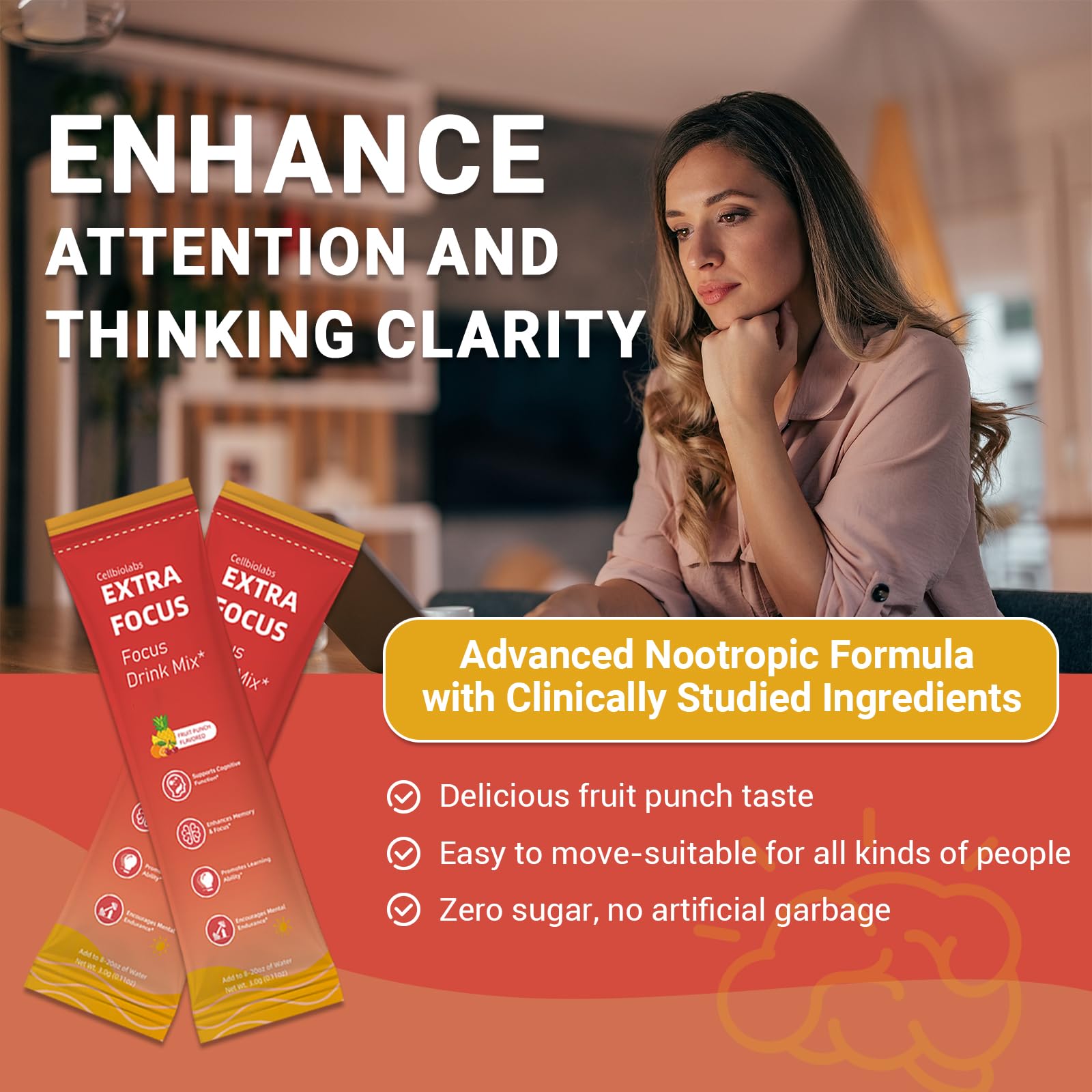 Nootropic Extra Focus Drink Mix, 30 Packs On-The-Go Sticks, Featuring Alpha-GPC, Lion's Mane & Rhodiola, Sugar-Free Packets Fruit Punch Clean Drink Mix Cellbiolabs buy supplements canada
