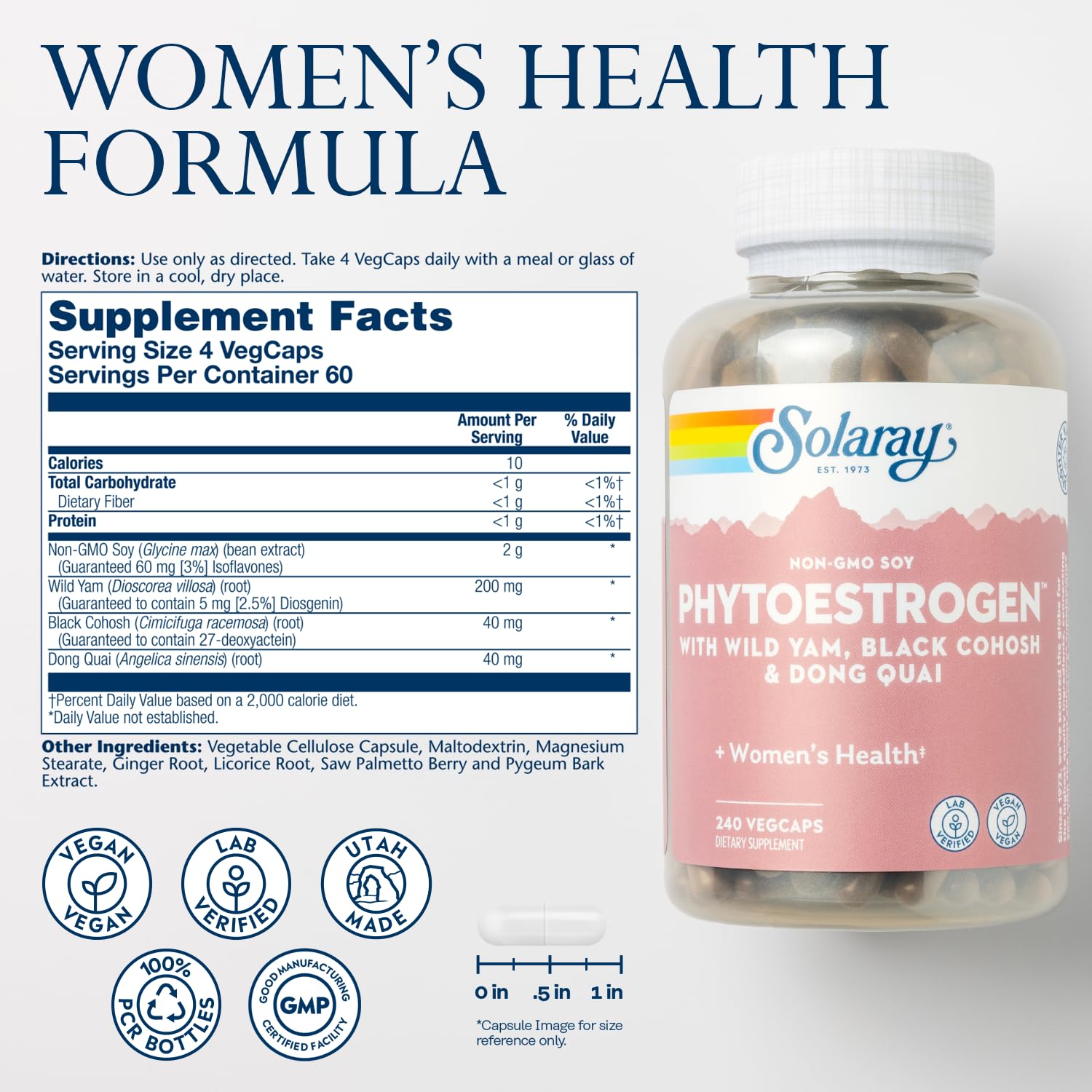 SOLARAY PhytoEstrogen Menopause Supplements with Wild Yam, Black Cohosh and Dong Quai - Phyto Estrogen Pills for Perimenopause and Menopause Support, Vegan, 60-Day Guarantee, 60 Servings, 240 VegCaps SOLARAY buy supplements canada