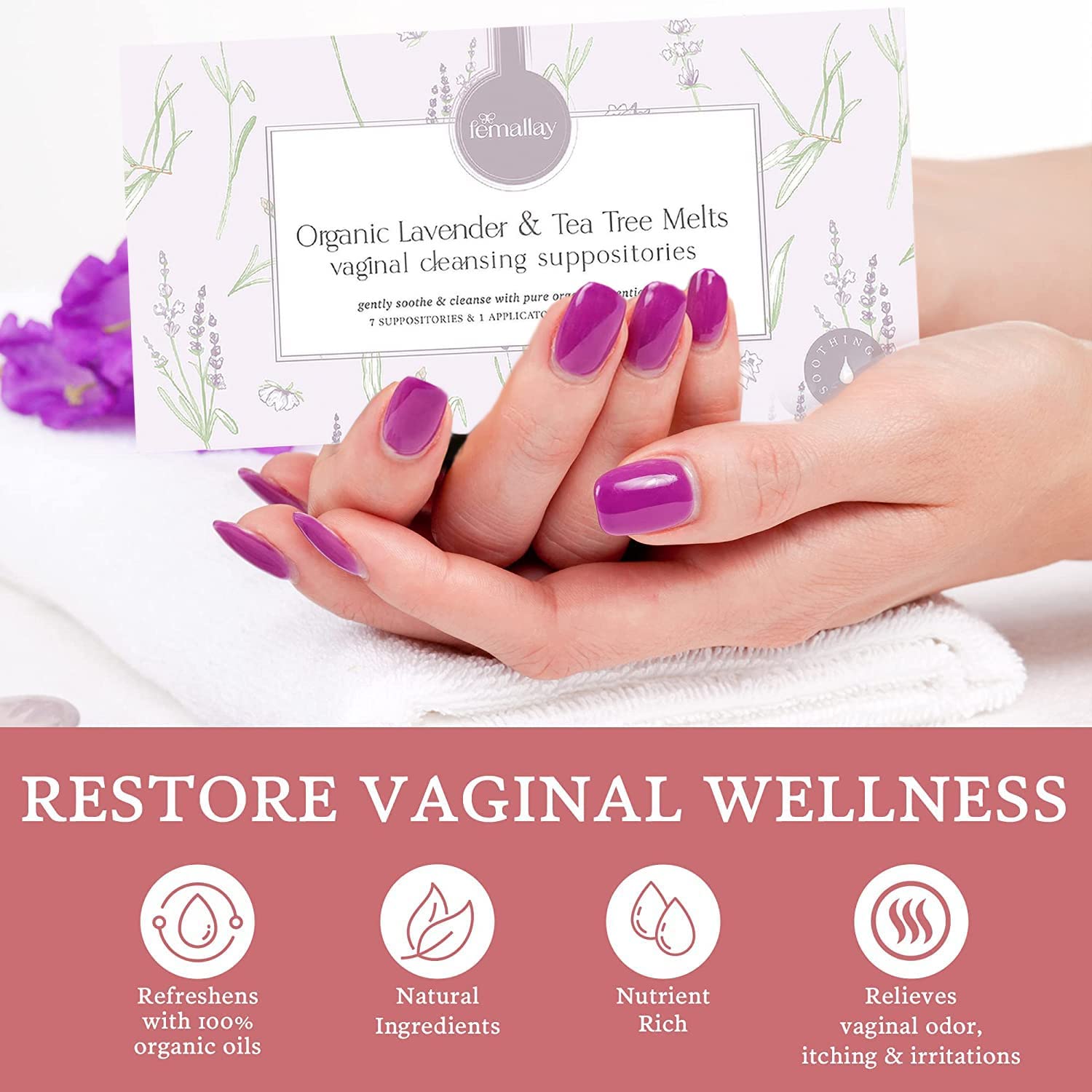 Femallay Lavender and Tea Tree Oil Vaginal Cleansing Suppositories for Hygiene, 100% Natural Melts Femallay buy supplements canada