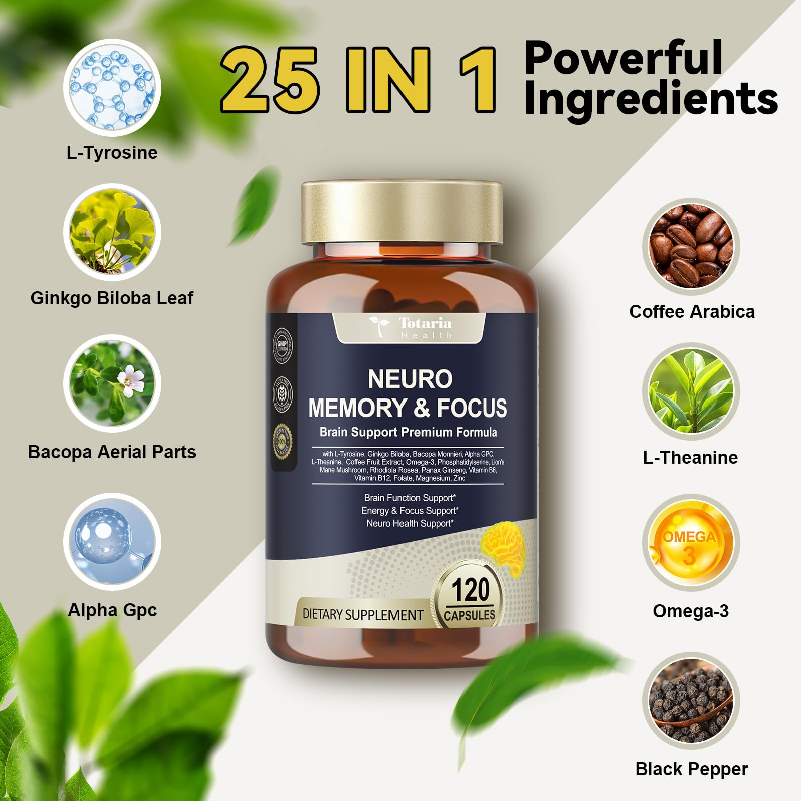 25 in 1 Brain Supplements for Memory and Focus & Neuro Health - Daily Brain Nootropic Cognitive Supplement with L-Tyrosine, Bacopa Monnieri, Ginkgo Biloba, Alpha GPC - Non-GMO, Gluten Free Totaria buy supplements canada