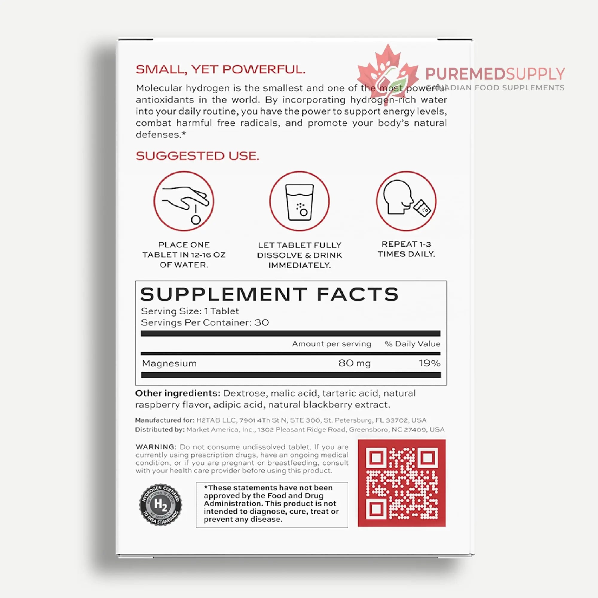Molecular H2TAB Hydrogen Water Tablets with Magnesium -12 PPM Hydrogen Tablets for Drinking Water -Rich in Antioxidants, Supports Cellular Health, Recovery & Cognitive Function (30 Counts, Raspberry) H2TAB buy supplements canada