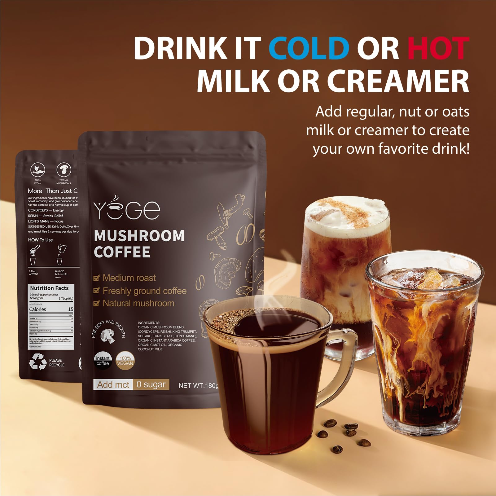 Mushroom Coffee, Instant Mushroom Coffee with Cordyceps, Reishi, King Trumpet, Shiitake, Turkey Tail, Lions Mane for Energy YEGE buy supplements canada