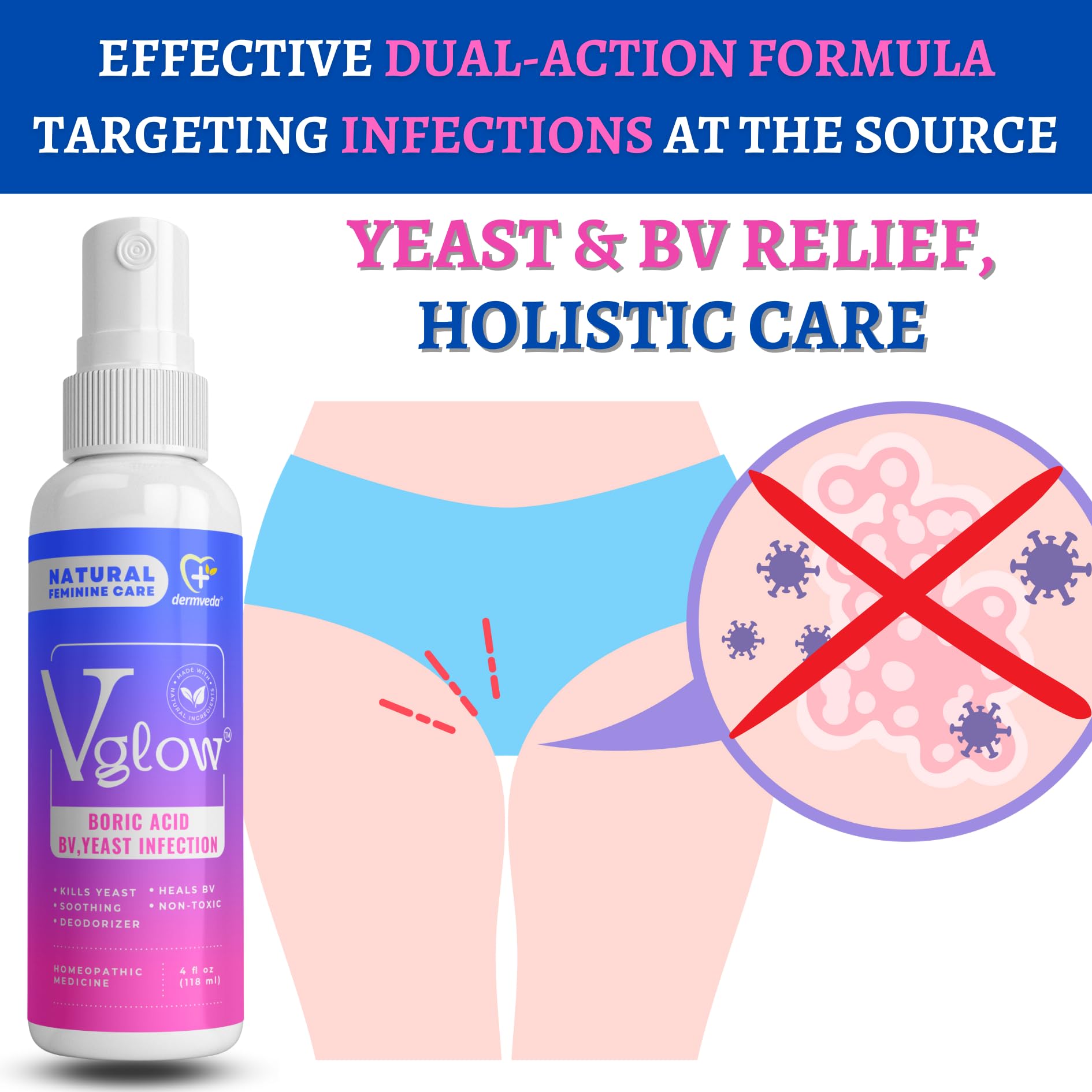 Dermveda Boric Acid BV Relief for Women - Natural Yeast Infection, Odor, Itch Relief Solution - Treats Yeast Infection Symptoms with Effective Boric Acid Formula. Dermveda buy supplements canada