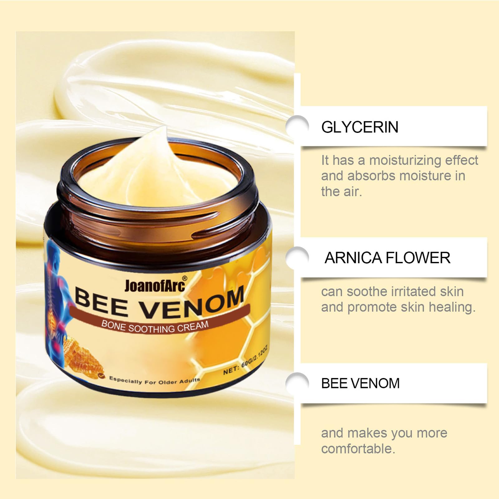 Bee Venom Joint Cream, Natural Bee Venom Skin Cream, Bee Venom Advanced Joint & Bone Cream, Suitable for Everyday Back, Waist, Neck, Hands, Knees, Light Non-Sticky for Men Women Aldult - 2.11 Oz/60g JoanofArc buy supplements canada