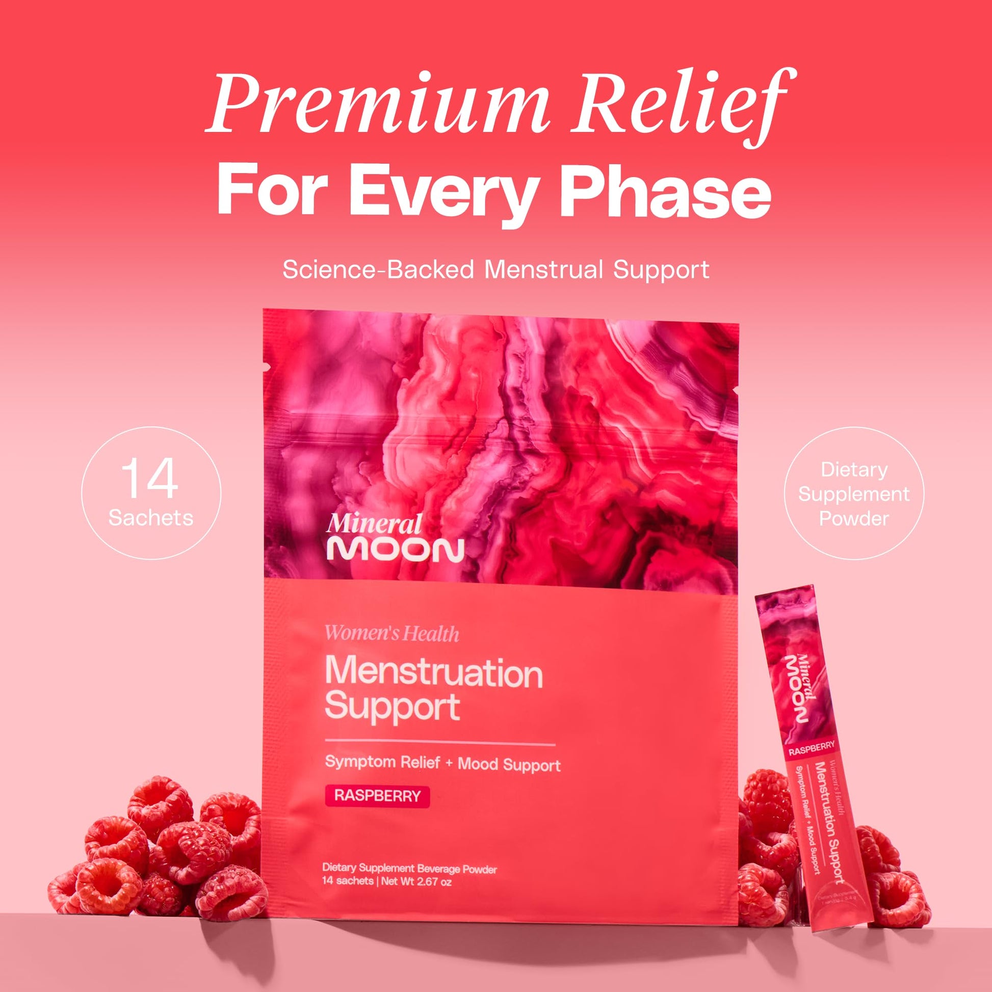 Mineral Moon Premium Menstruation Support - 14 Sachets Raspberry Drink - Hormonal Balance & PMS Support - Reduce Period Cramps, Fatigue & Nausea -with Magnesium Bisglycinate, BenfoPure B1 & Vitamin B6 Mineral Moon buy supplements canada