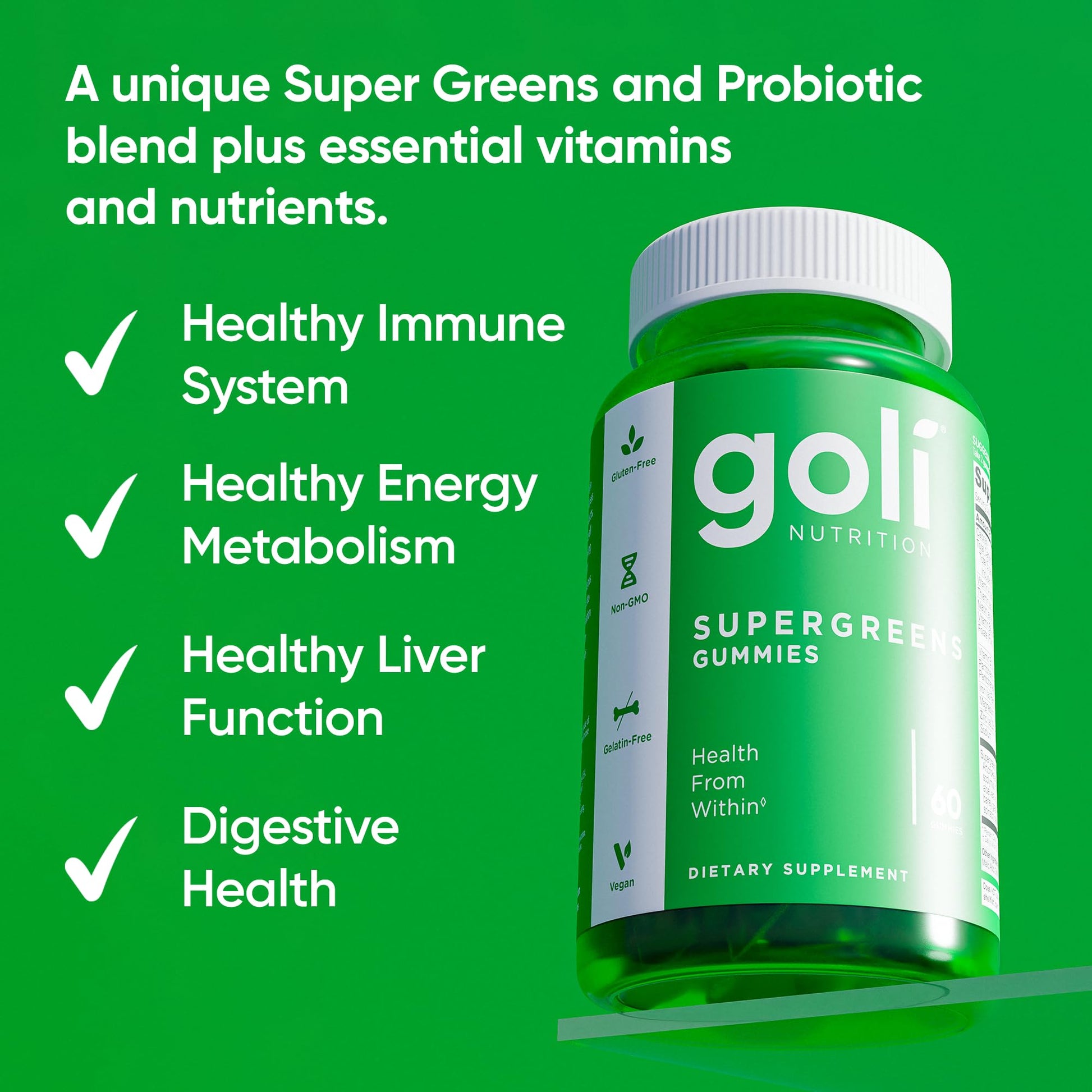 Goli Supergreens Gummies with Probiotics - Artichoke Leaf Extract, Spirulina, Kale, Vitamins A, B6, B12 - Vegan, Gluten-Free, Non-GMO Goli buy supplements canada