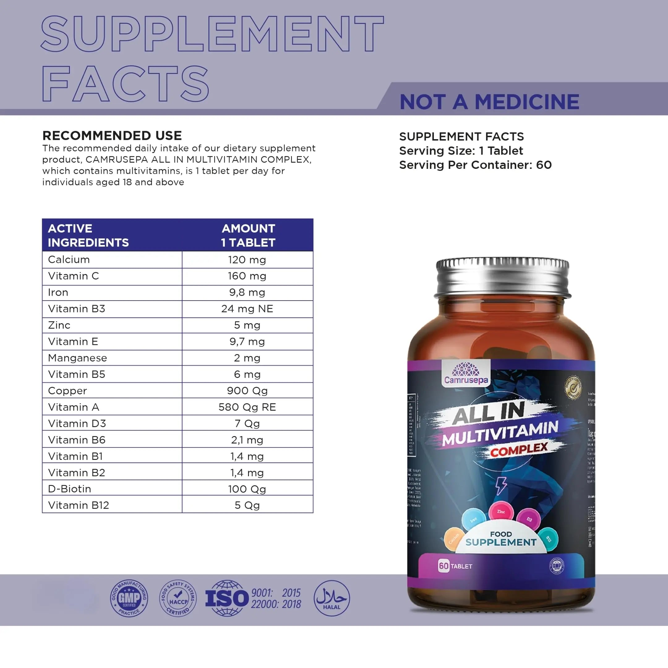 CAMRUSEPA All in Multivitamin Complex – Daily Tablet with Calcium, Iron, Zinc, Vitamin C, B Complex, D3, E, A & More – Complete Daily Nutritional Support for Adults Camrusepa buy supplements canada
