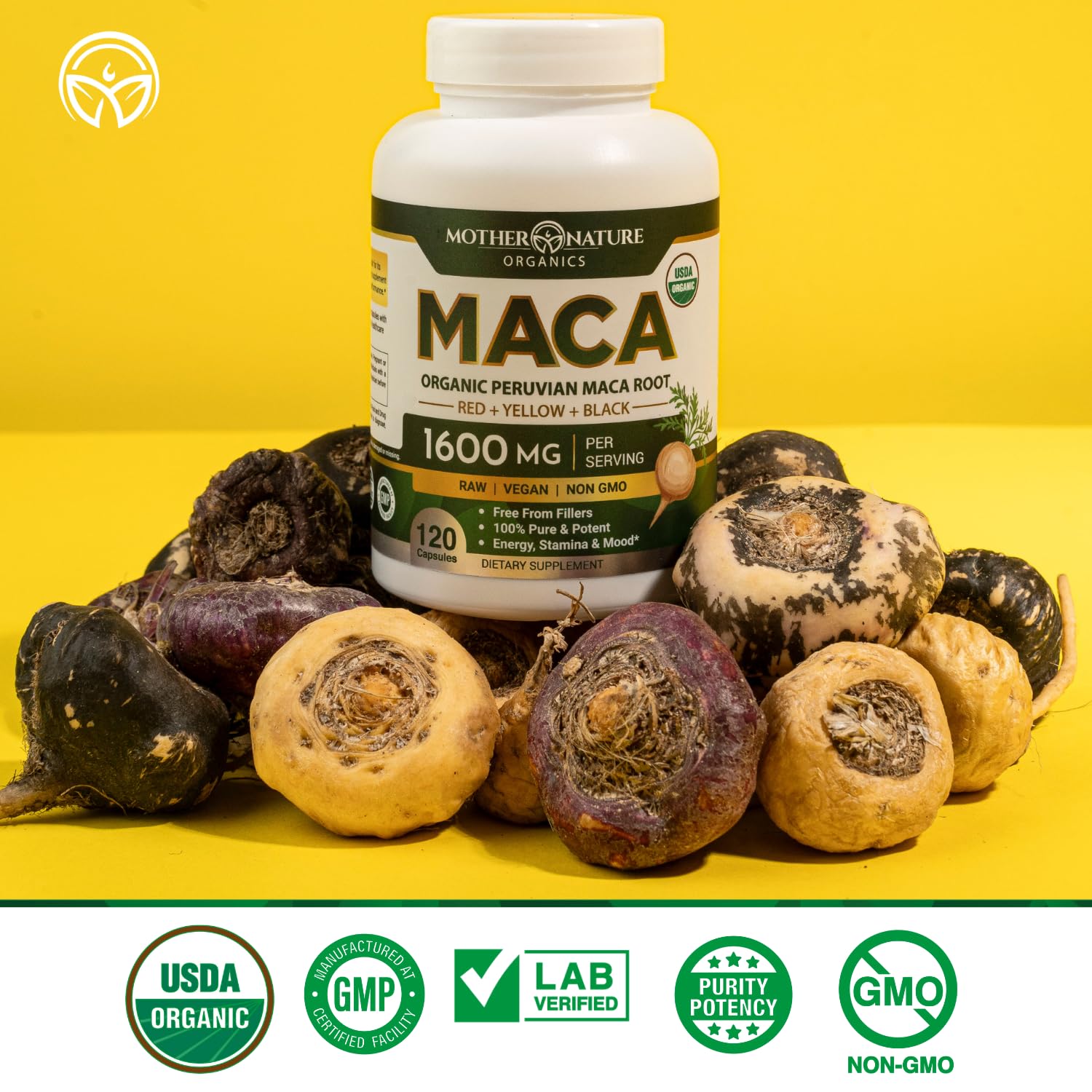 Mother Nature Organic Maca Root Capsules – 1600mg, 120 Vegan Capsules – Non GMO Peruvian Yellow, Red & Black Maca for Men & Women - Energy, Hormone, Brain & Weight Well-Being Mother Nature Organics Superfoods for Organic Living buy supplements canada