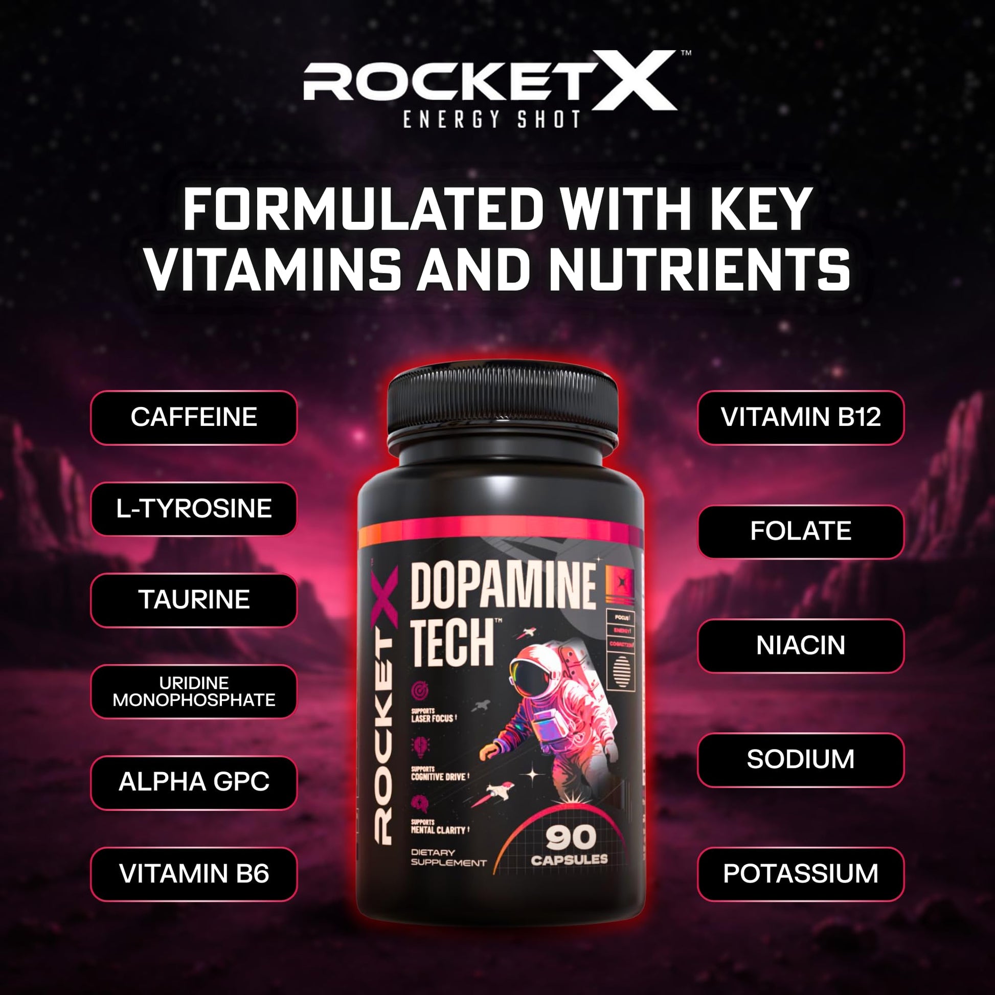 RocketX Dopamine Tech Brain Food Supplement, with L-Tyrosine and B Vitamins for Focus, Mental Clarity and Cognitive Drive, Vegan Capsules, 90 Capsules RocketX Energy buy supplements canada