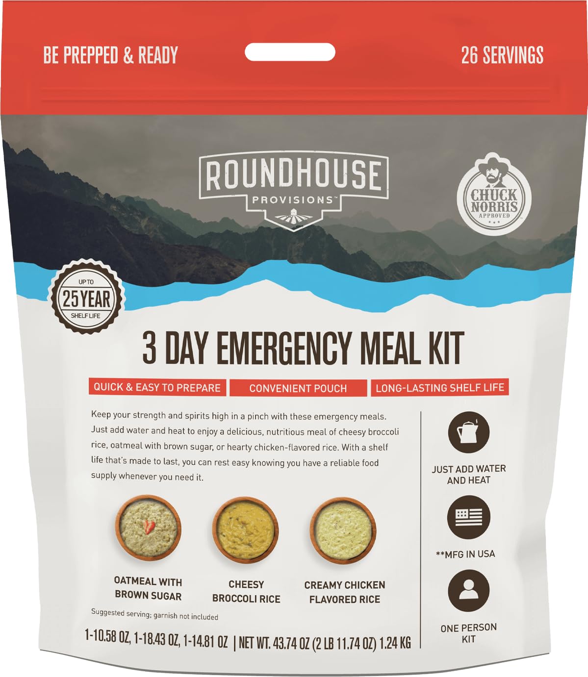 by Chuck Norris Roundhouse Provisions 3 Day, 26 servings Emergency Meal Kit, Grab-and-Go, Premade, Disaster Prep, Hiking, Survival, Adventure, Camping Food, 25 Year Shelf Life. ROUNDHOUSE PROVISION buy supplements canada