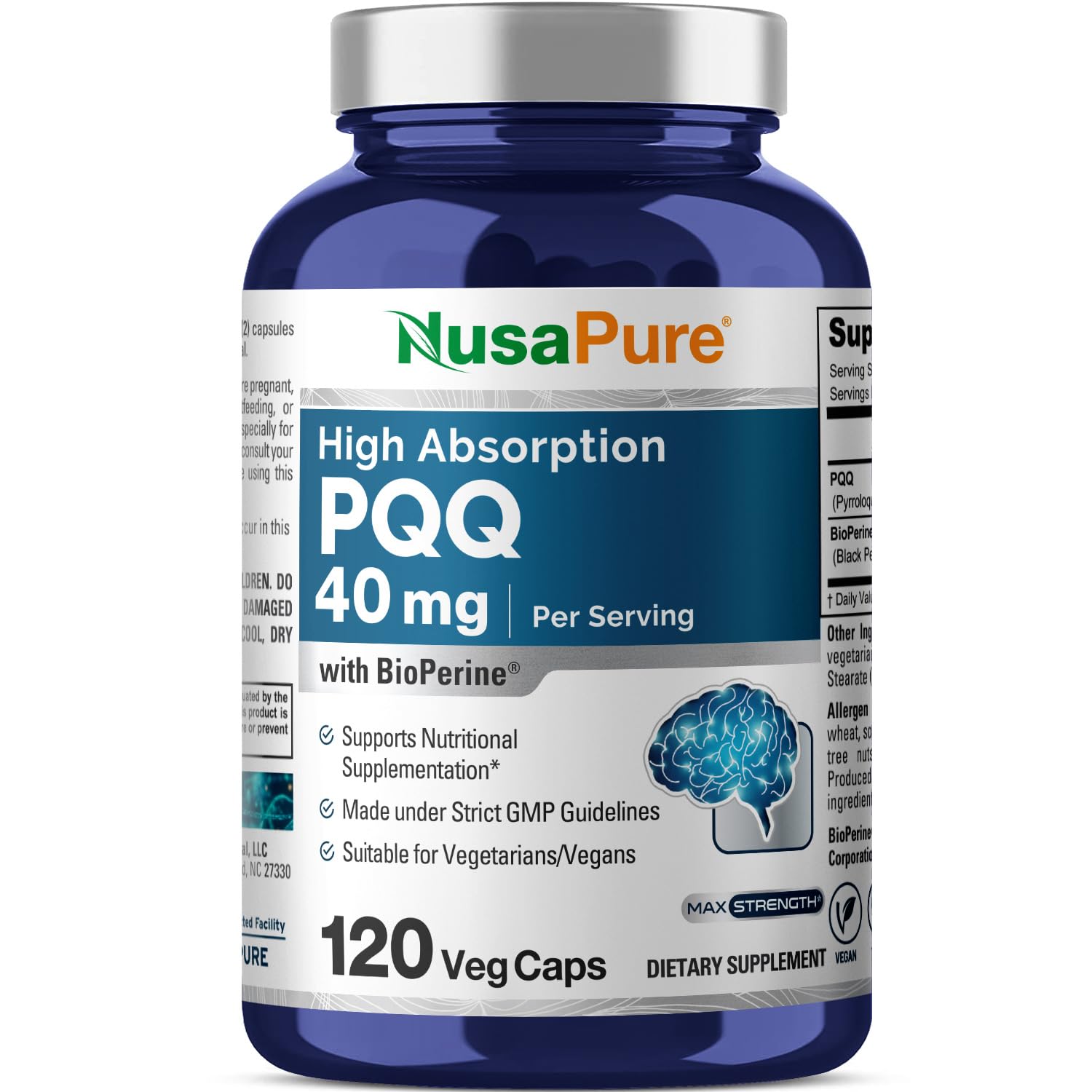 NusaPure PQQ Supplement 40 mg, 120 Veggie Capsules, Non-GMO, Pyrroloquinoline Quinone Disodium Salt, Bioperine & Vegan NusaPure buy supplements canada