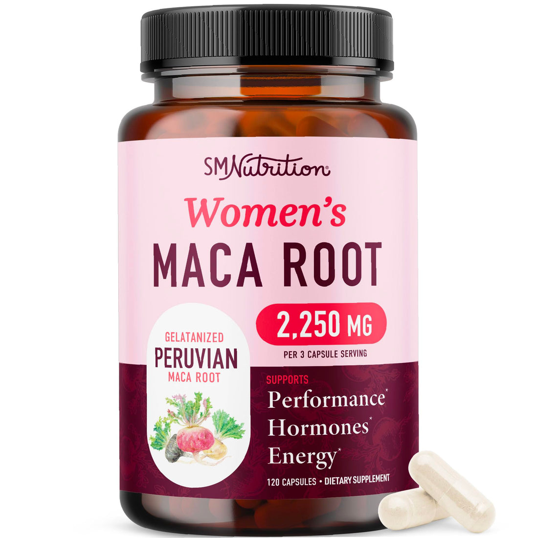 Organic Maca Root Capsules for Women | Peruvian Maca 2250MG Extra Strength | Red, Black & Yellow Root Powder with Black Pepper | Herbal Supplement SMNutrition buy supplements canada