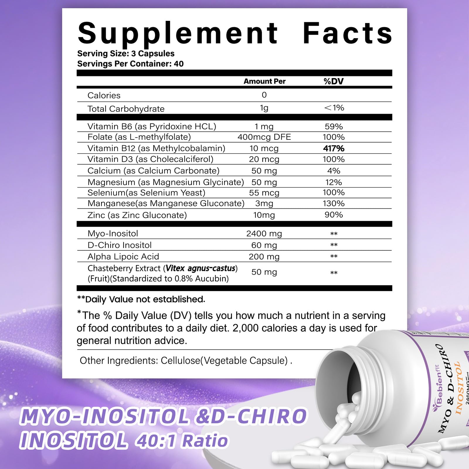 13-in-1 Myo Inositol & D-Chiro Inositol for Women PCOS,Hormonal Balance,2460mg-40:1 Ratio,Ovarian Health&Cycle Support Supplement Plus Alpha Lipoic Acid/Folate/Vitex/Magnesium/Multivitamin,120 Veg Cap Bebien fit buy supplements canada