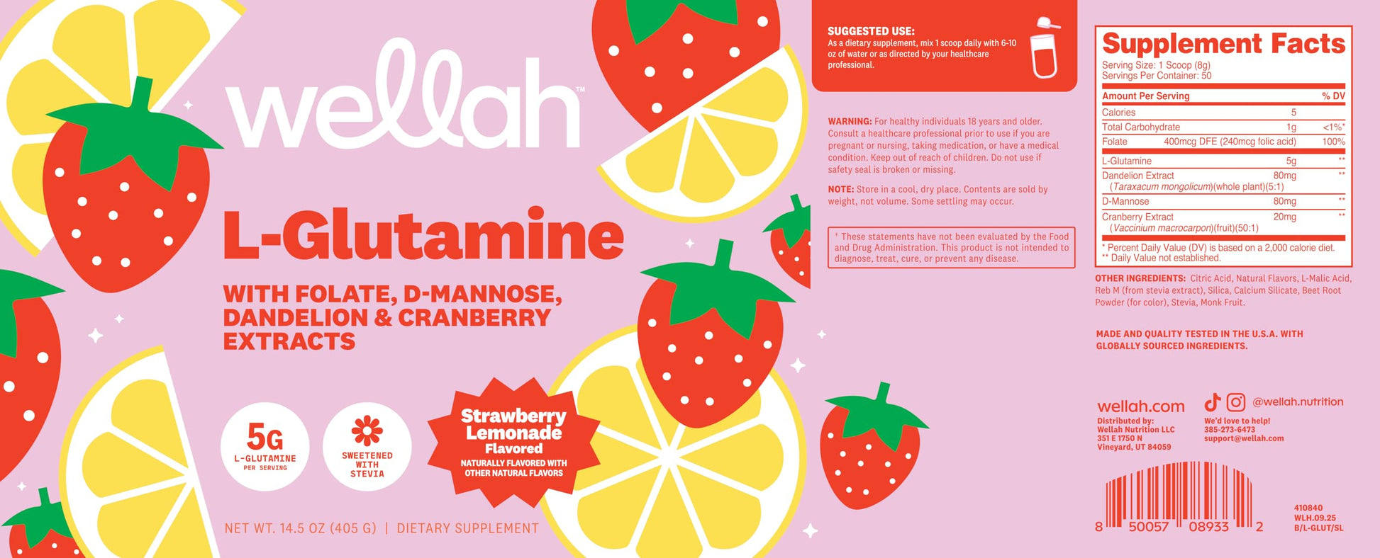 Wellah L-Glutamine Strawberry Lemonade Flavored (50 Servings) - 5g L-Glutamine Per Serving, Sweetened with Stevia Wellah buy supplements canada