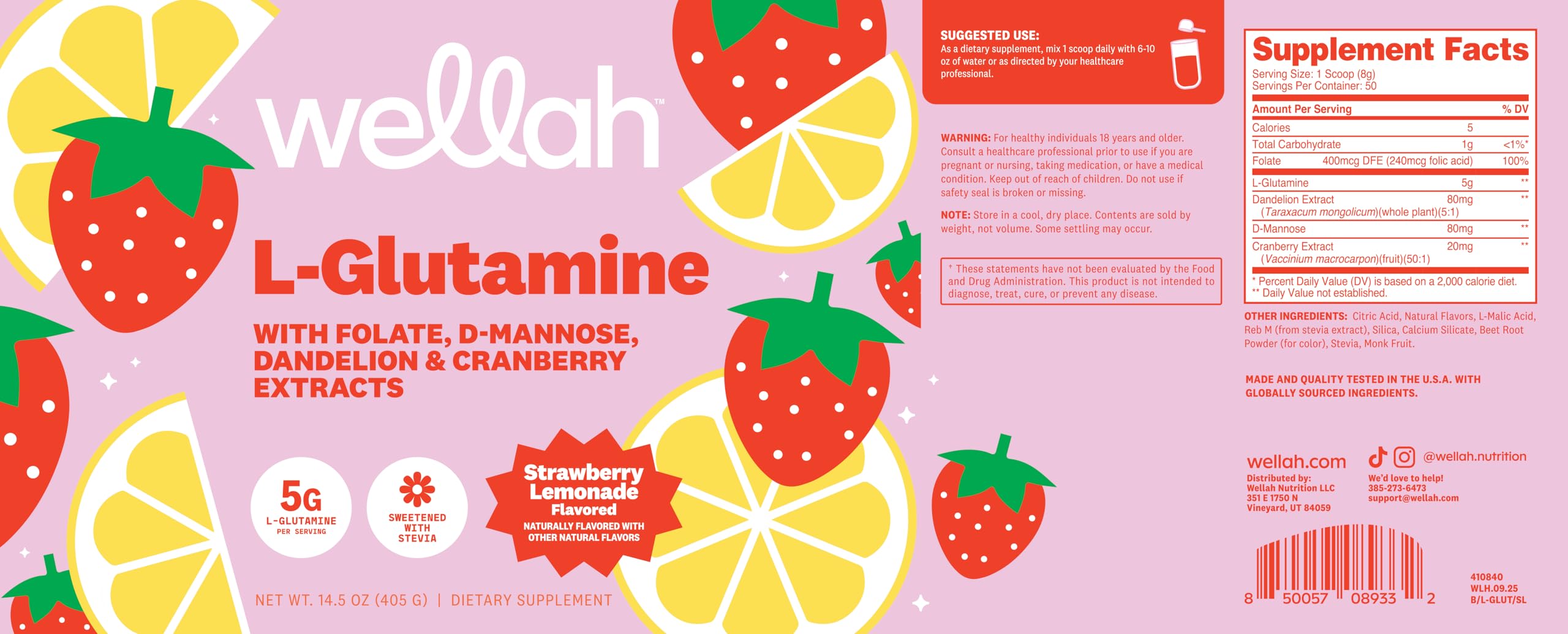Wellah L-Glutamine Strawberry Lemonade Flavored (50 Servings) - 5g L-Glutamine Per Serving, Sweetened with Stevia Wellah buy supplements canada