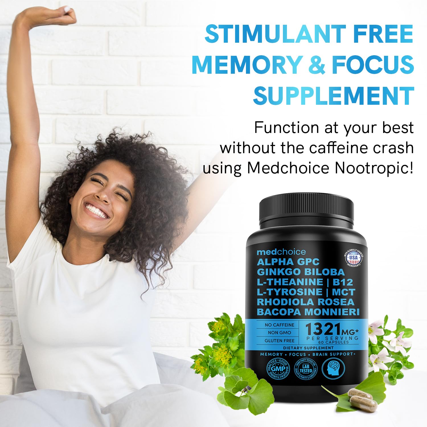 12-in-1 Nootropic Brain Supplement Anhydrous: Ginkgo Biloba for Brain Support, Memory and Focus - B12, Alpha GPC, L Theanine and Choline Supplements with Bioperine Non Caffeinated 1321mg (60ct) MEDCHOICE buy supplements canada