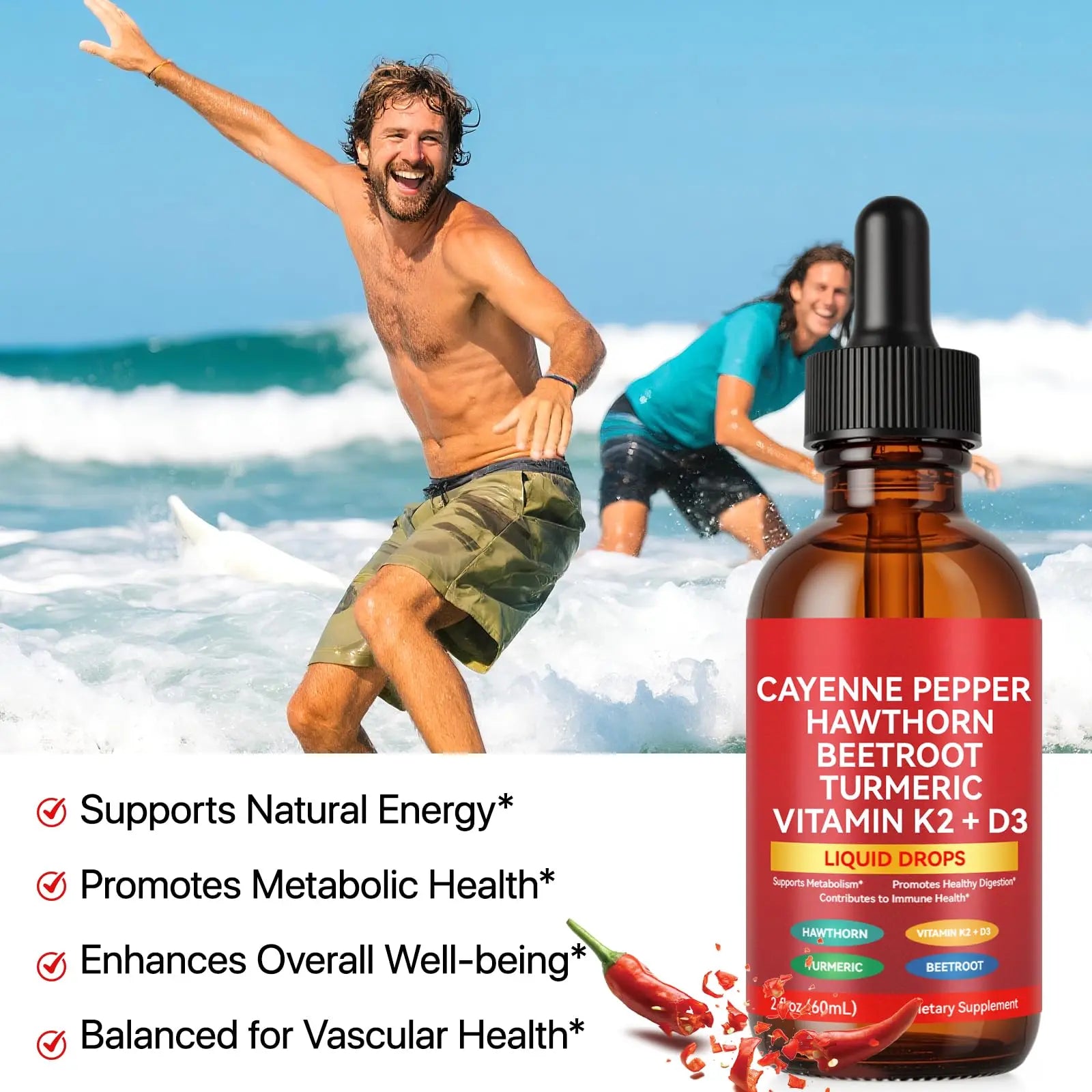 Cayenne Pepper Drops, Liquid Cayenne Pepper Organic, Cayenne Health Supplements, Cayenne Pepper Hawthorn Beet Root Turmeric Curcumin, Vitamin K2 & D3, Vegan-Friendly- 2 Fl Oz Vortexonix buy supplements canada