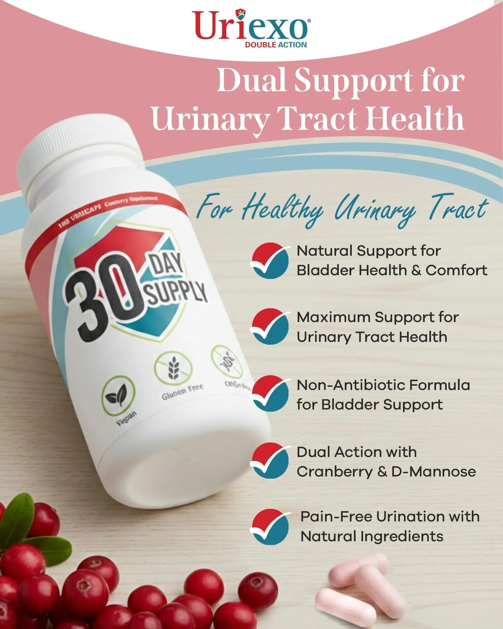 Uriexo Double Action Support Cranberry Pills - Urinary Tract Health Supplement with 36mg Proanthocyanidins PACs & 2000mg D-Mannose, Capsules for Men & Women, Non-Antibiotic Formula, 30 Day Supply Uriexo buy supplements canada