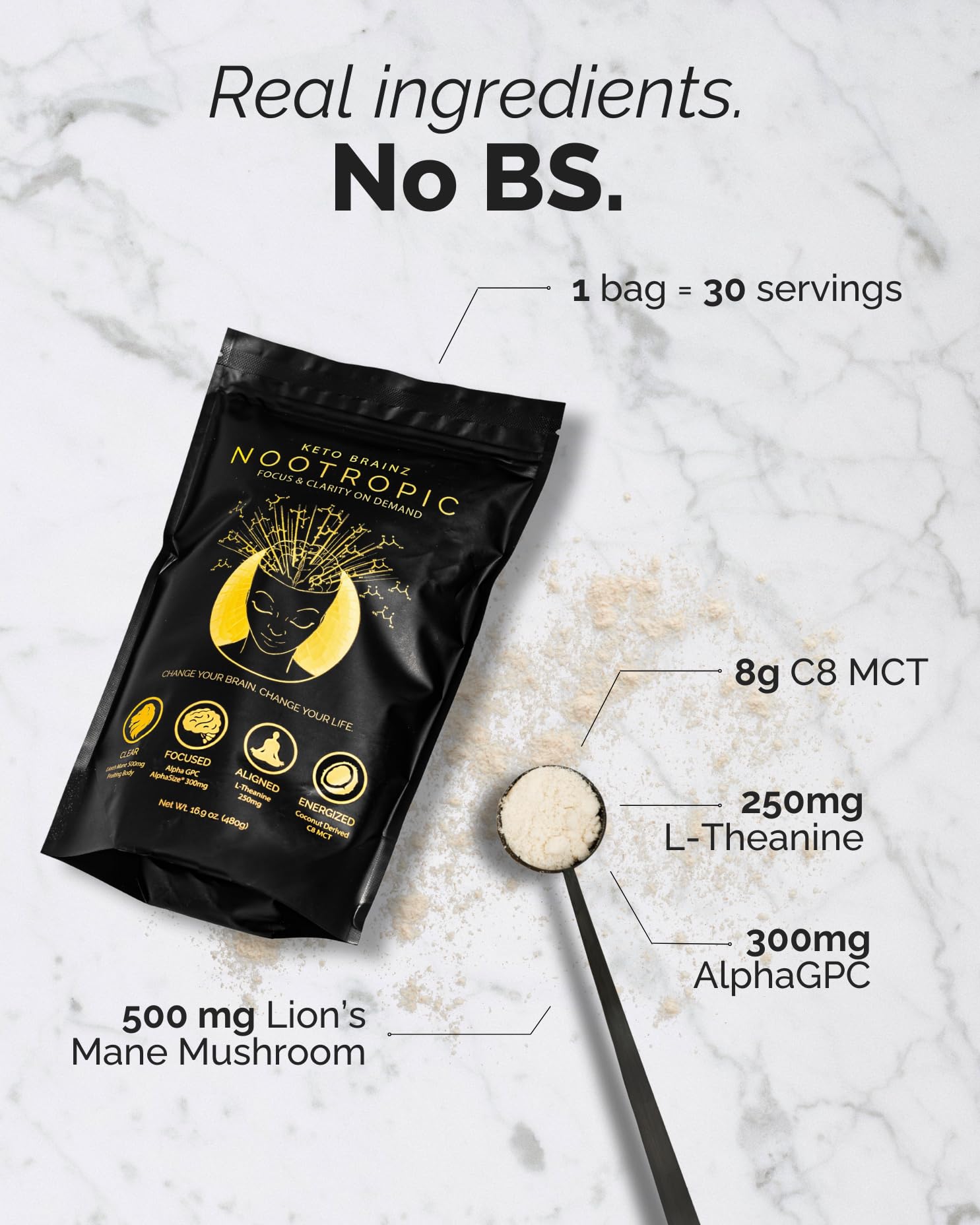 Keto Brainz C8MCT Based Nootropic - with 500mg Lion's Mane Mushroom, AlphaGPC & L-Theanine This is The Ultimate Easy to use nootropic Stack & Makes Delicious Mushroom Coffee! 16oz. 30 Servings Keto Brainz buy supplements canada