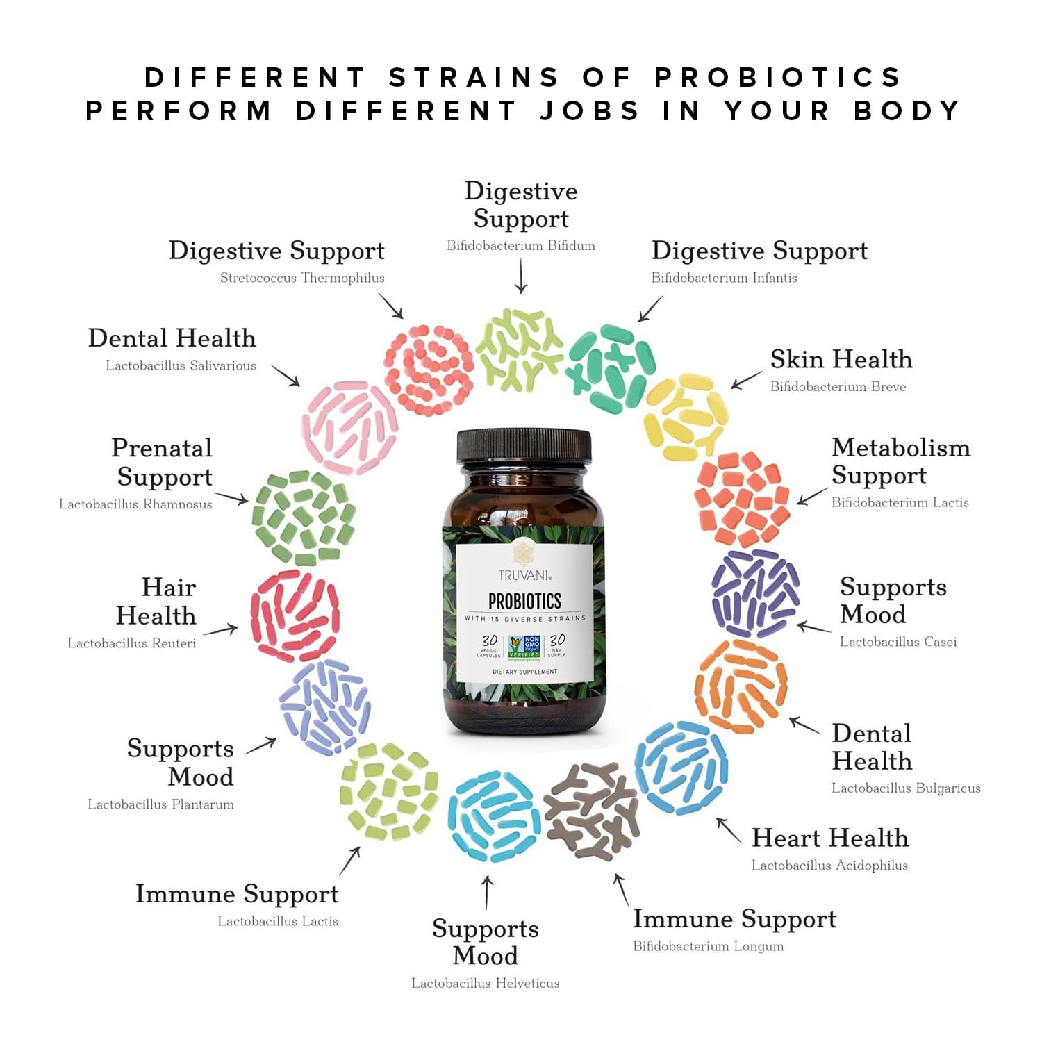 Truvani Probiotic Supplement | 30 Servings | 15 Billion CFU | 15 Diverse Strains for Digestive, Immune & Brain Health Support | Shelf-Stable Vegan Capsules | Non-GMO, No Fillers Truvani buy supplements canada