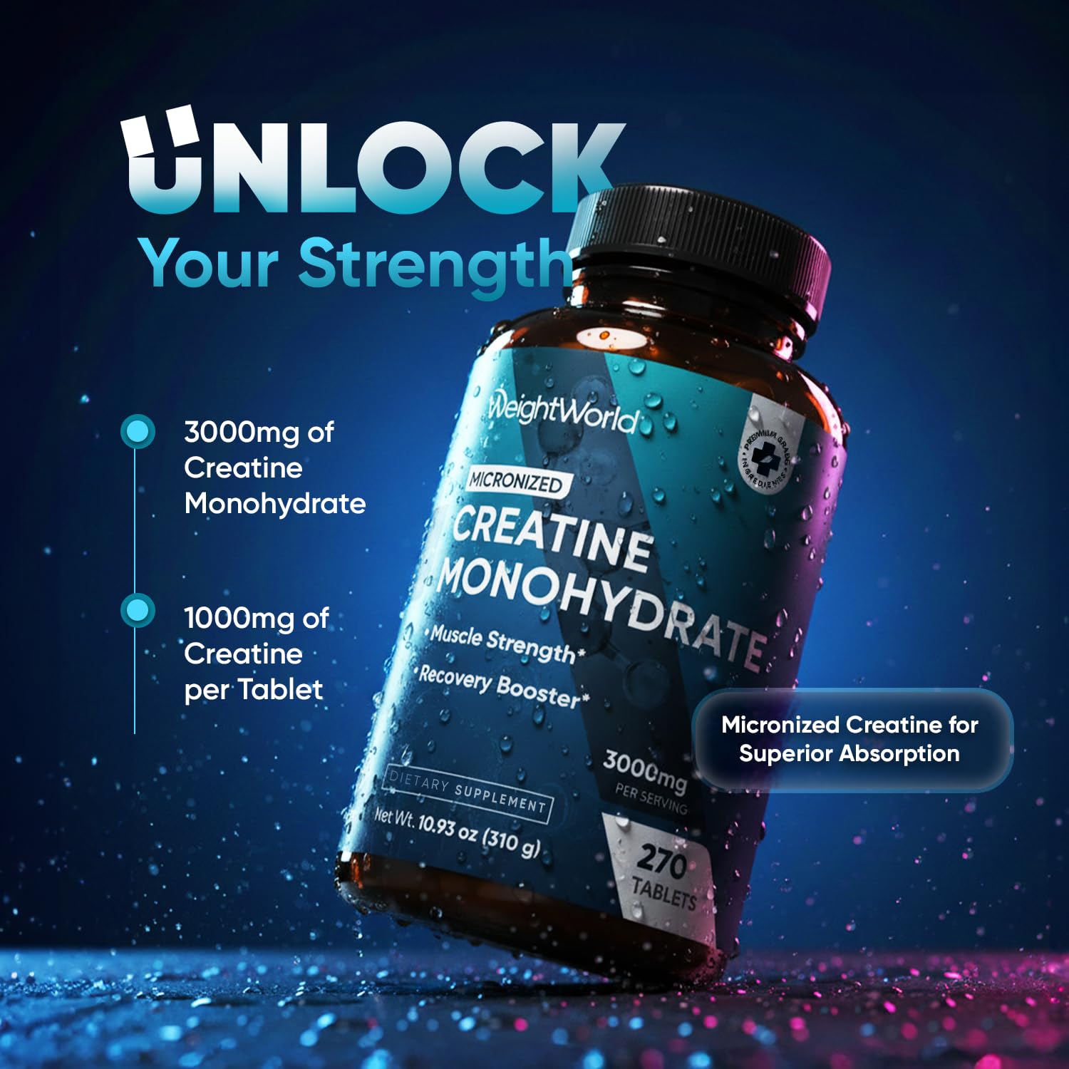 WeightWorld Micronized Creatine Monohydrate 3000mg Tablets - Muscle Growth, Strength, Energy & Recovery | Pre Workout Creatine for Women & Men | 1000mg per Tab WeightWorld buy supplements canada