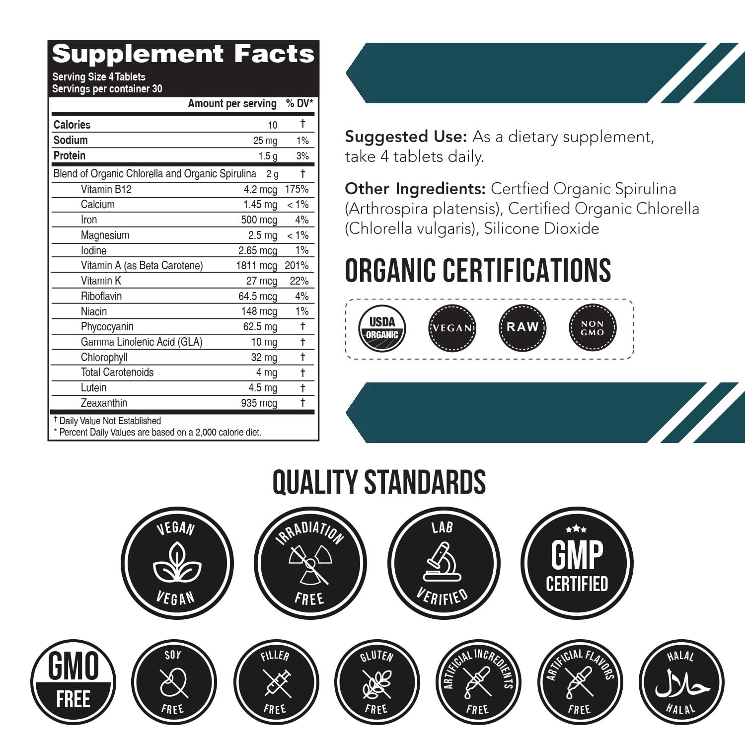 Organic Spirulina & Chlorella Tablets – 4 Organic Certifications, Raw, Non-Irradiated – 50/50 Blue Green Algae Blend – Antioxidant Content Equal to 5 Servings of Vegetables (120 Tablets) Triquetra Health buy supplements canada