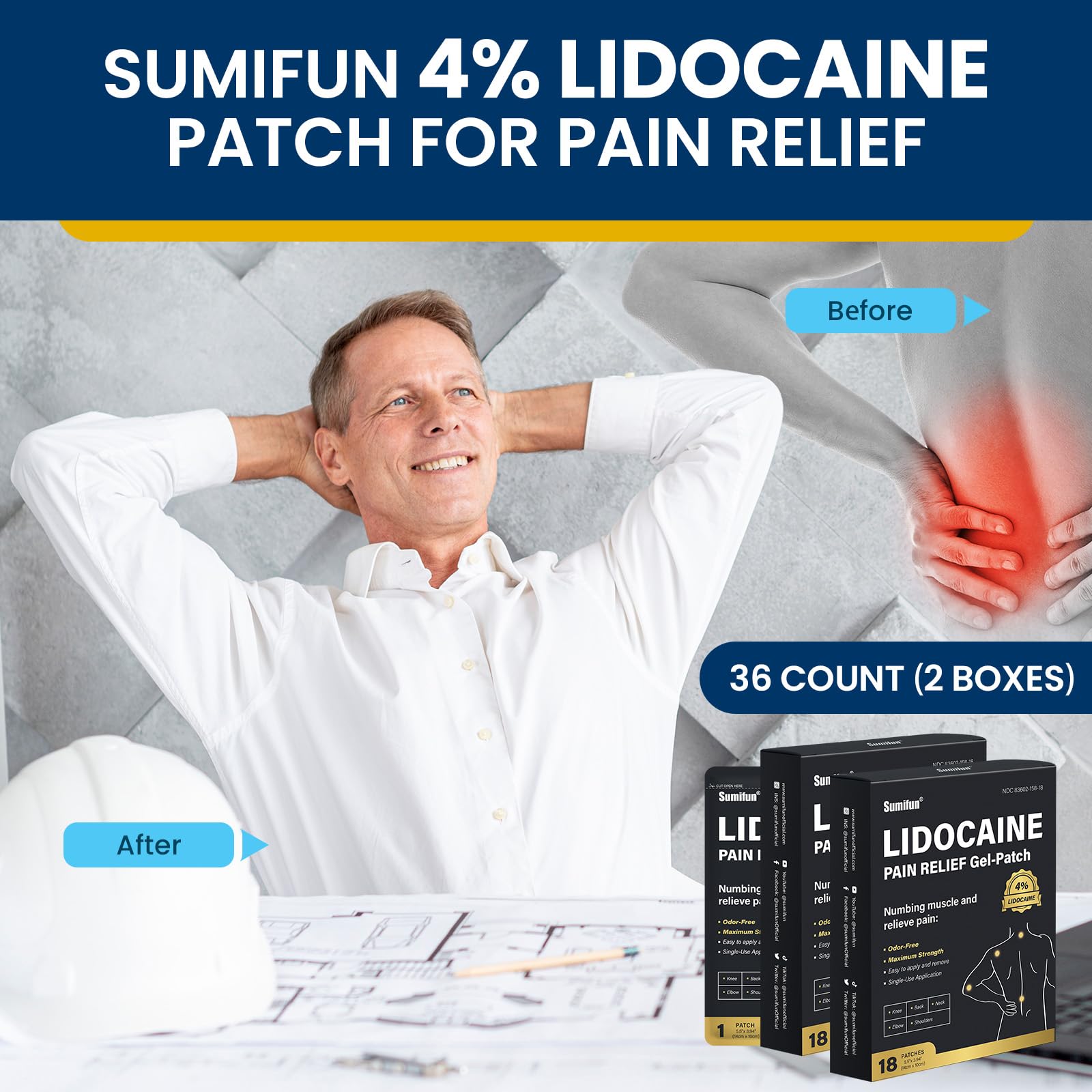 Sumifun 4% Lidocaine Pain Relief Patches - 36 Count Patches for Back, Shoulder, Muscle, Joints, Knee Pain Relief - Lower Back Pain Relief Products - Pain Patches Maximum Strength Lidocaine Sumifun buy supplements canada