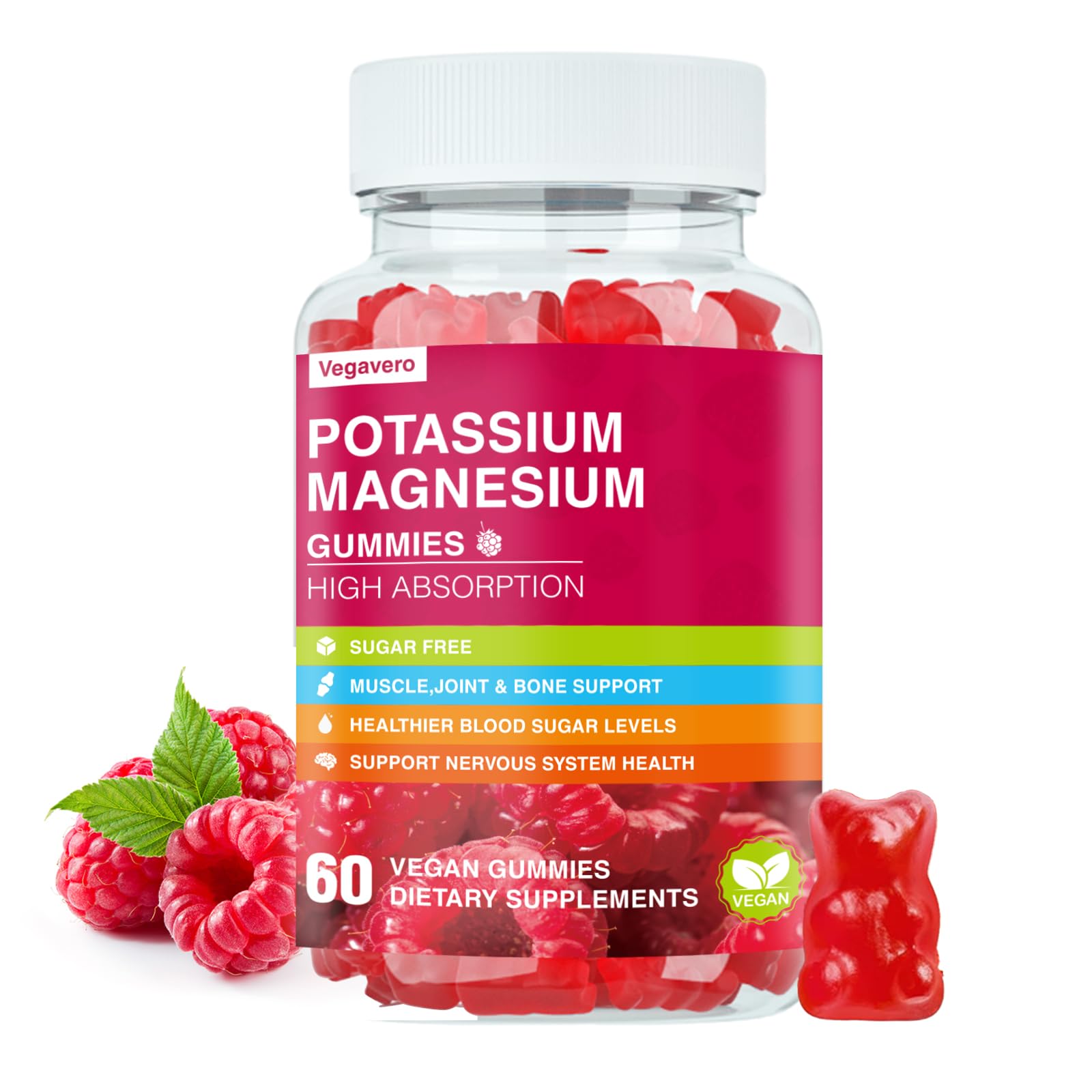 Potassium Magnesium Gummies - High Absorption Magnesium Glycinate & Potassium Citrate Plus Coenzyme Q10, DHA, D3, Mineral & Calcium for Zzz, Leg Cramps & Muscle - 60 Raspberry Gummies Vegavero buy supplements canada