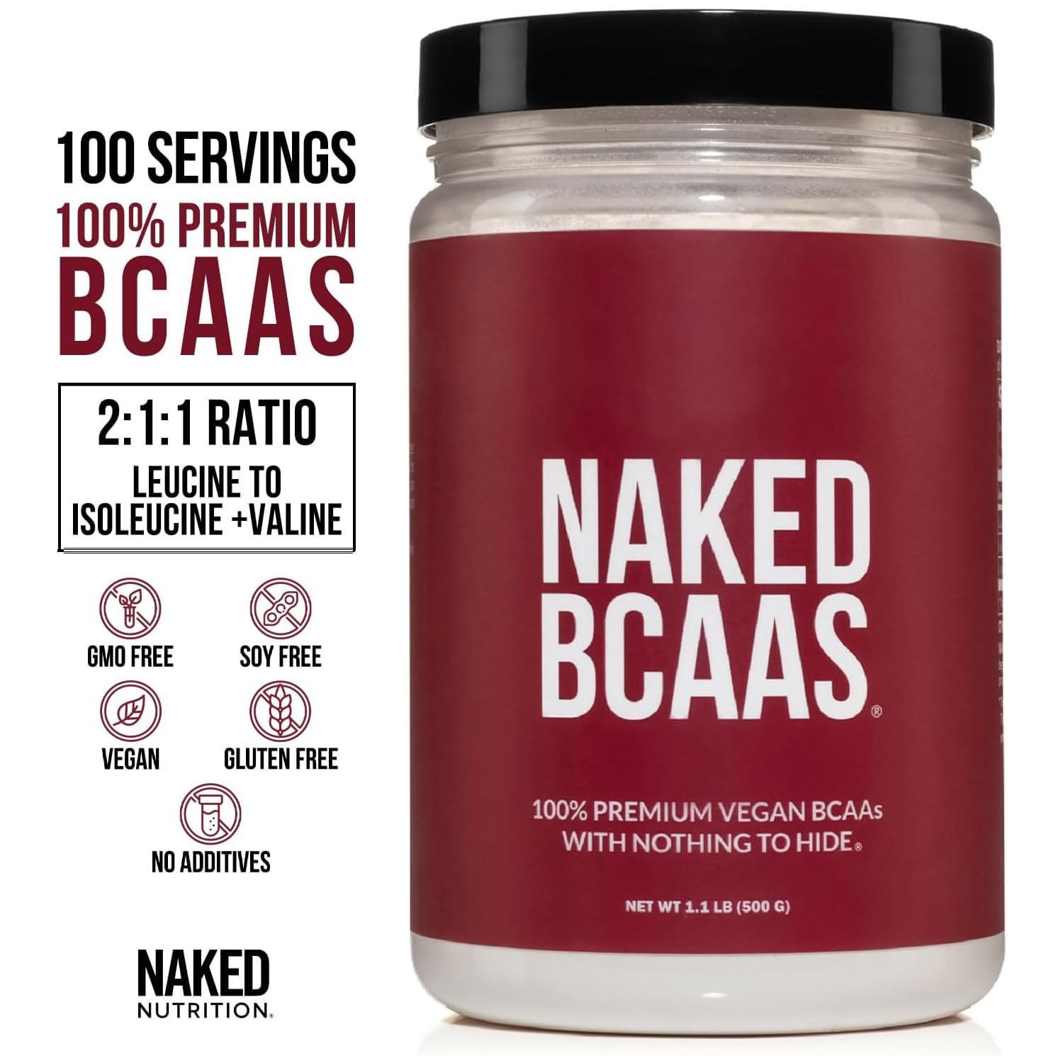 NAKED BCAAs Amino Acids Powder, Only 1 Ingredient, Pure 2:1:1 Formula, Vegan Unflavored Branched Chain Amino Acids, Instantized All Natural BCAA Supplement - 500 Grams, 100 Servings NAKED buy supplements canada