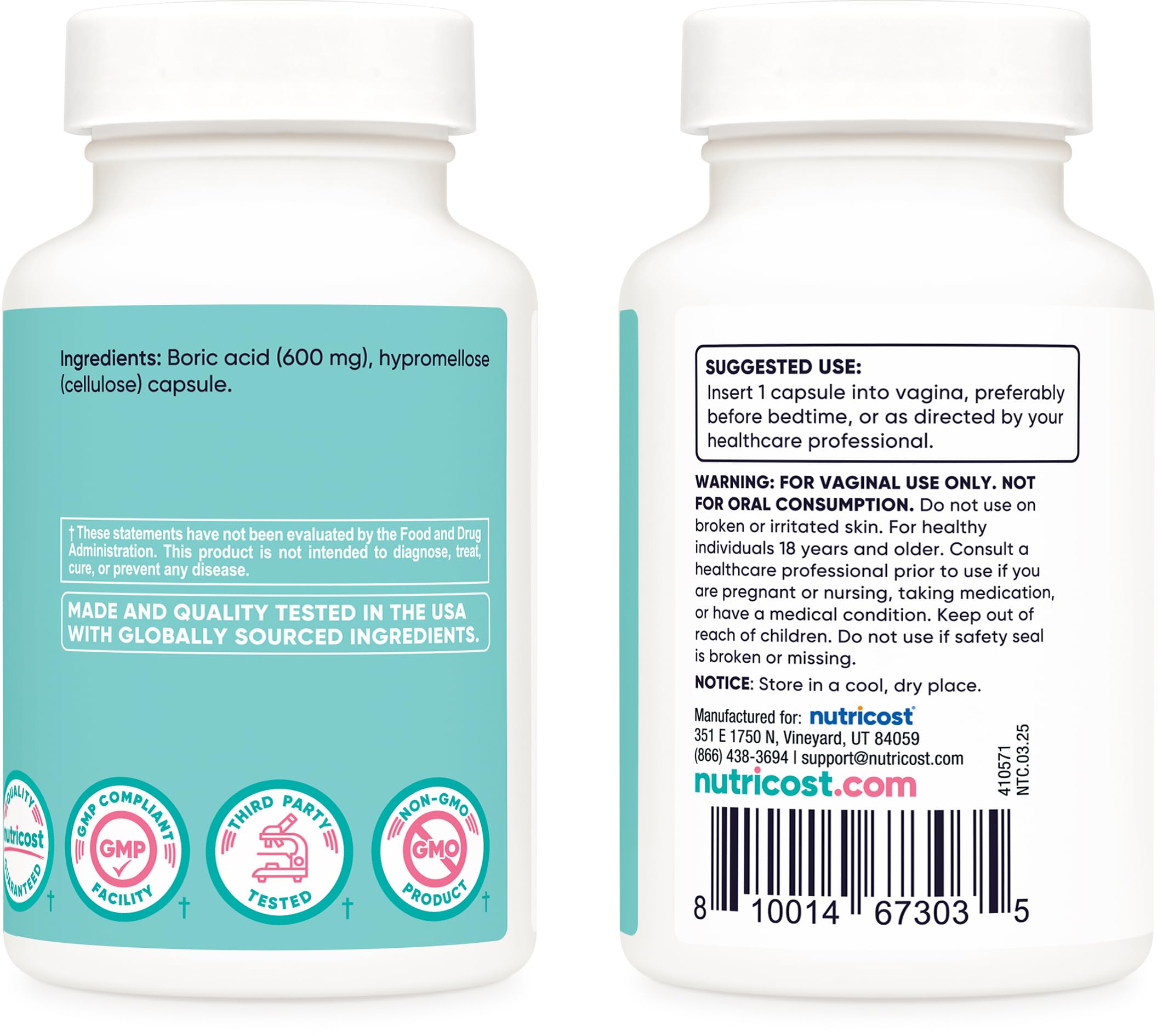 Nutricost Boric Acid 600mg, 30 Capsules - Vaginal Suppository - Non-GMO - for Women Nutricost buy supplements canada