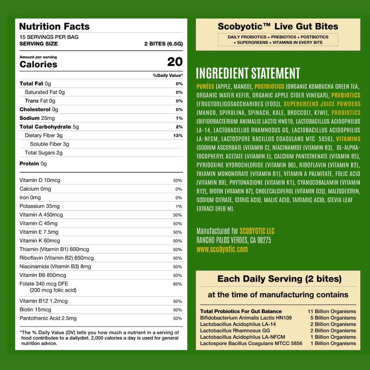 Scobyotic® Kombucha Supergreens Live Gut Bites – 10 Billion CFU Probiotics + Prebiotics & Postbiotics – Kombucha & Supergreens – Freeze-Dried Probiotic Supplement Scobyotic buy supplements canada