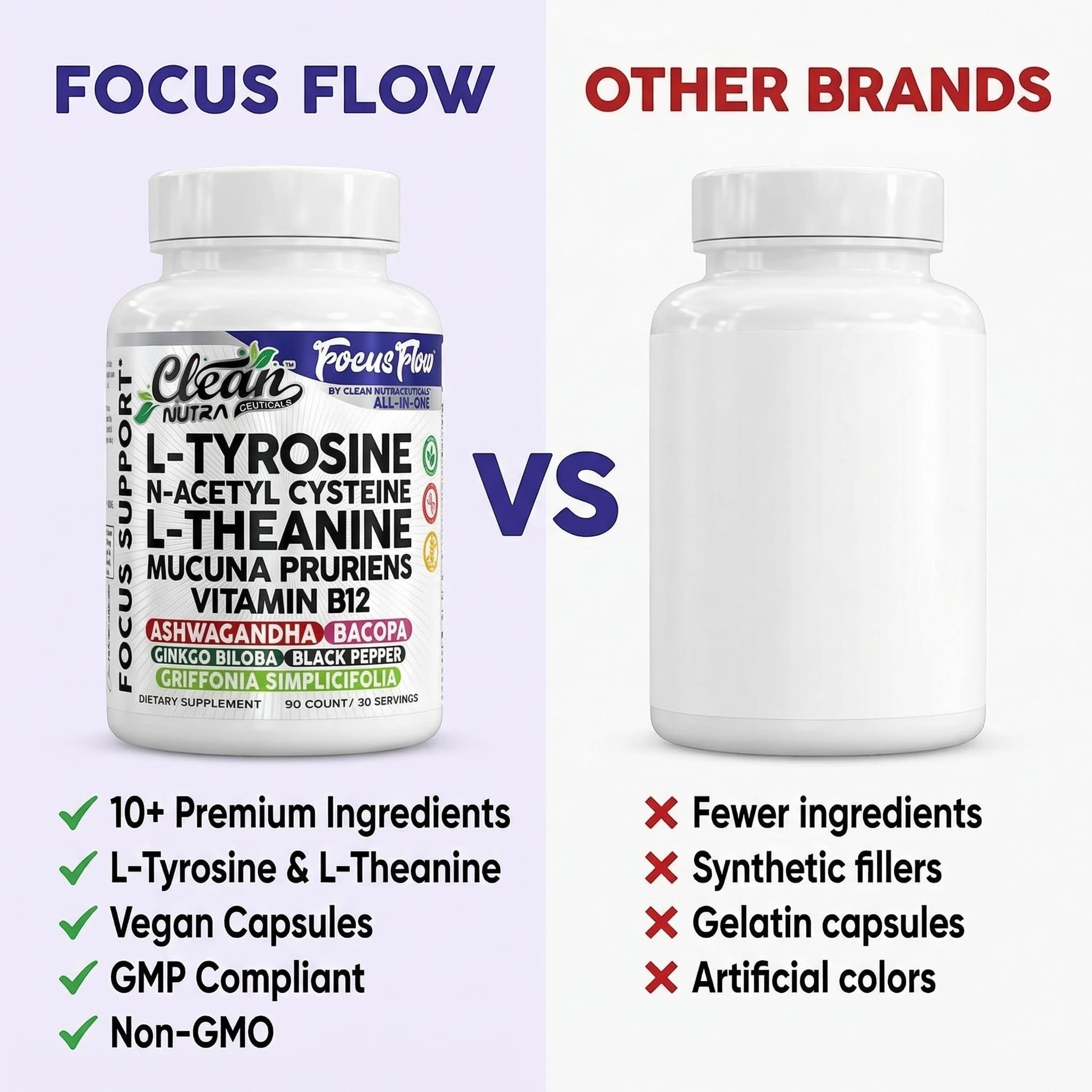 Focus Flow L-Tyrosine Vitamin B C D L-Theanine Ashwagandha Ginkgo Biloba Vitamin B12 Thiamine Black Pepper N-Acetylcysteine Mucuna Pruriens 90 Count Capsules by Clean Nutra Clean Nutraceuticals buy supplements canada