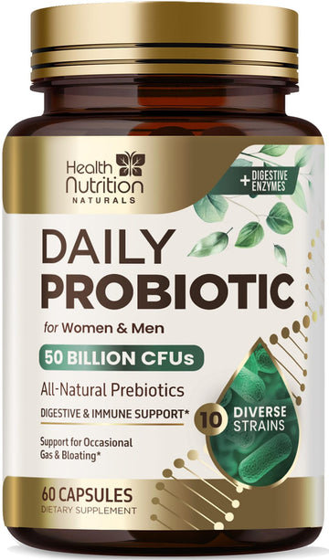 Probiotics 50 Billion CFU per Serving - 10 Strains + Prebiotics - Digestive Health, Gut & Immune Support - Occasional Constipation, Gas & Bloating Support for Women & Men, Bottled USA - 60 Capsules Health Nutrition Naturals buy supplements canada