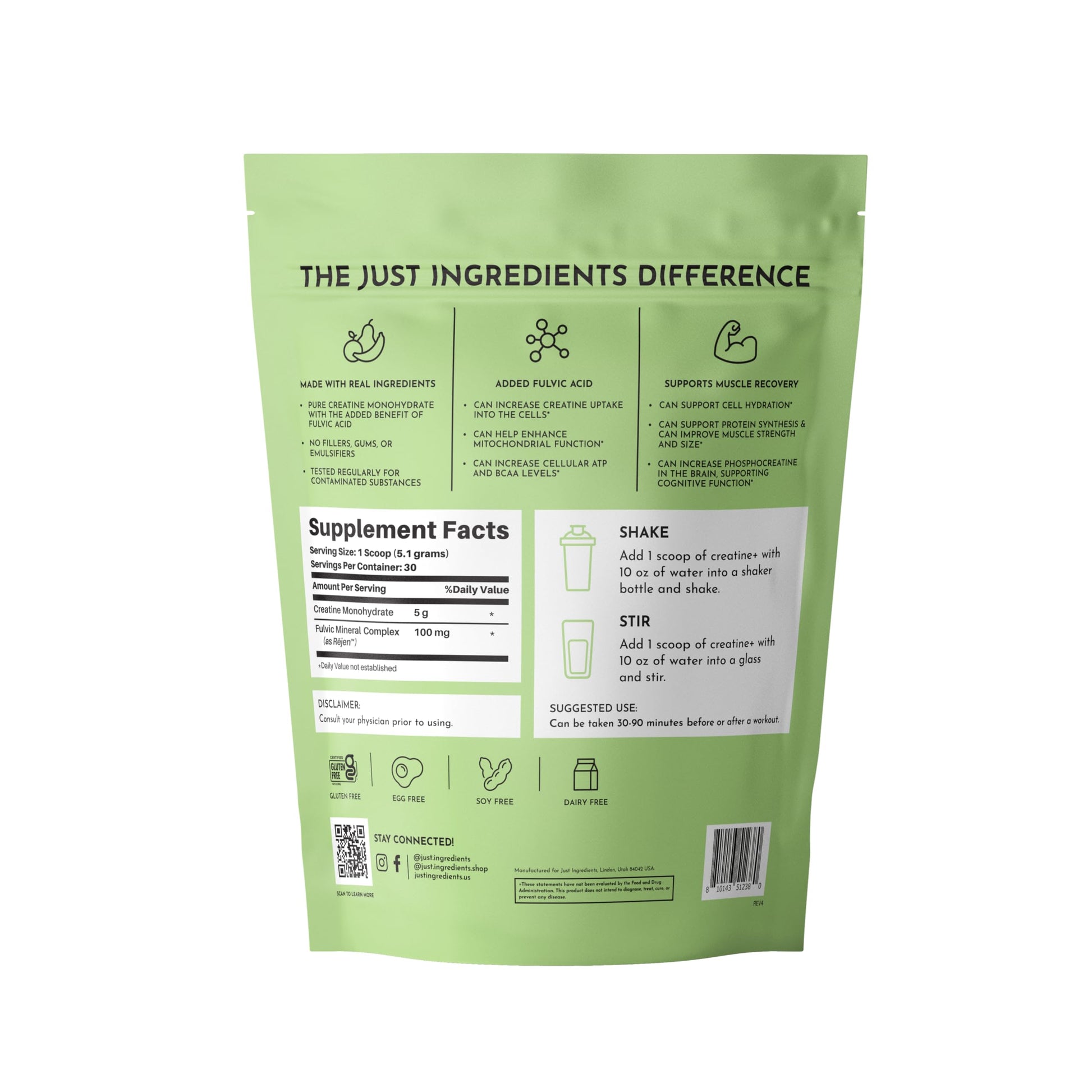 JUST INGREDIENTS Creatine Monohydrate Powder with Rejen Fulvic Mineral Complex - Supports Muscle Recovery, Energy, Strength, Cognitive Function - 30 Servings JUST INGREDIENTS buy supplements canada