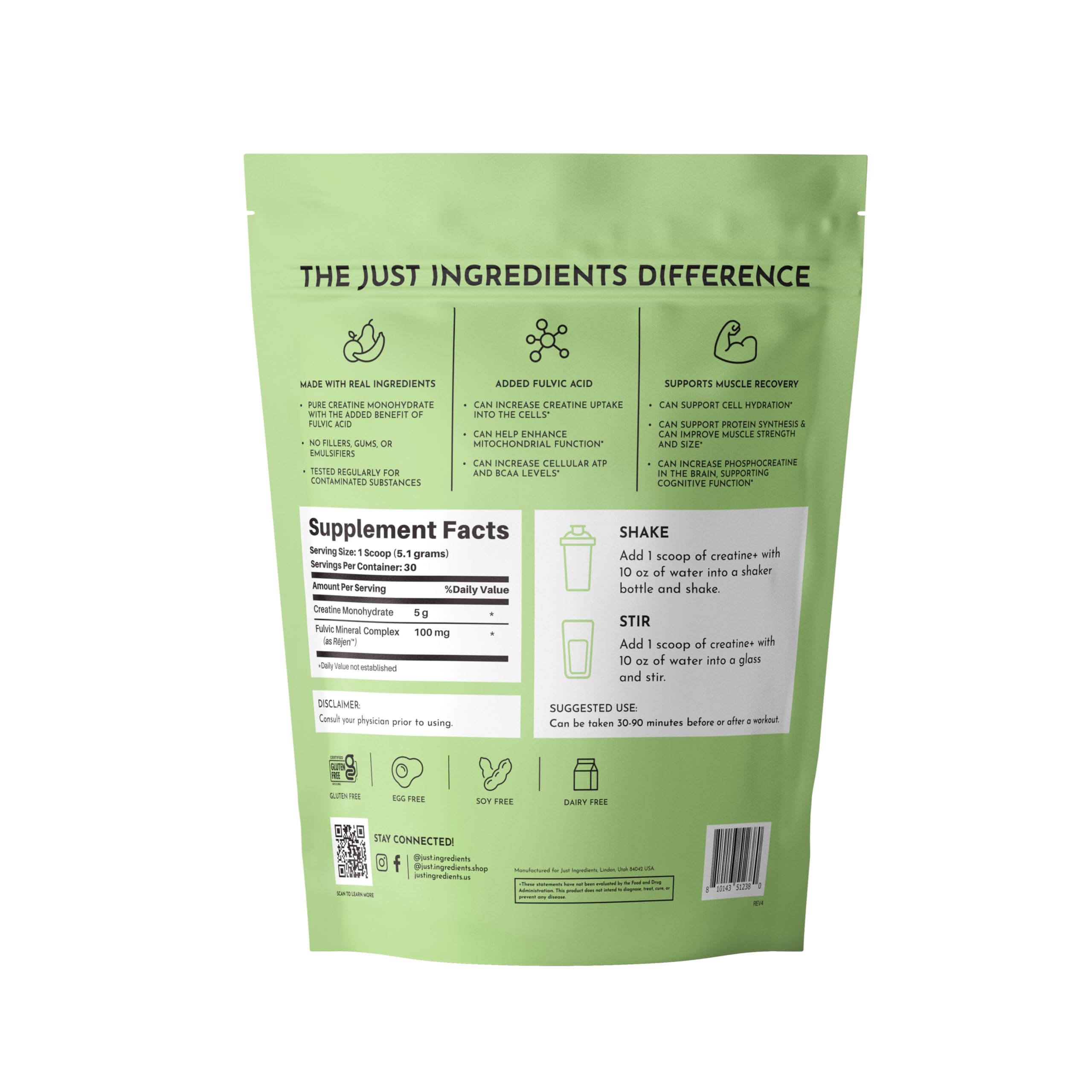 JUST INGREDIENTS Creatine Monohydrate Powder with Rejen Fulvic Mineral Complex - Supports Muscle Recovery, Energy, Strength, Cognitive Function - 30 Servings JUST INGREDIENTS buy supplements canada