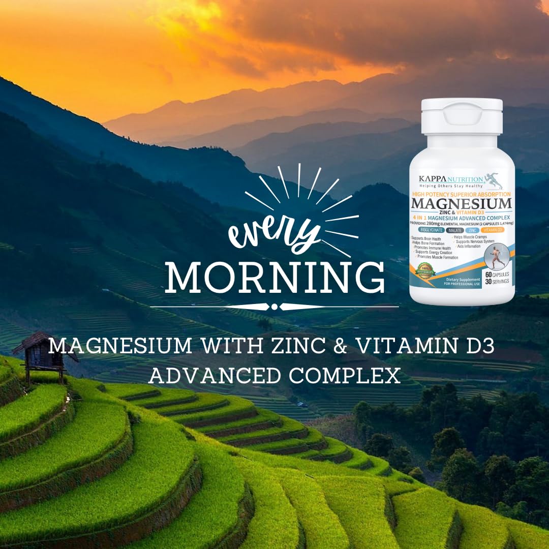 Kappa Nutrition Magnesium 4-in-1, 280mg Elemental Magnesium (Bisglycinate, Malate) + Zinc & Vitamin D3, Brain, Sleep, Energy, Muscle, Immune Support, 60 Vegan Capsules. KAPPA NUTRITION buy supplements canada