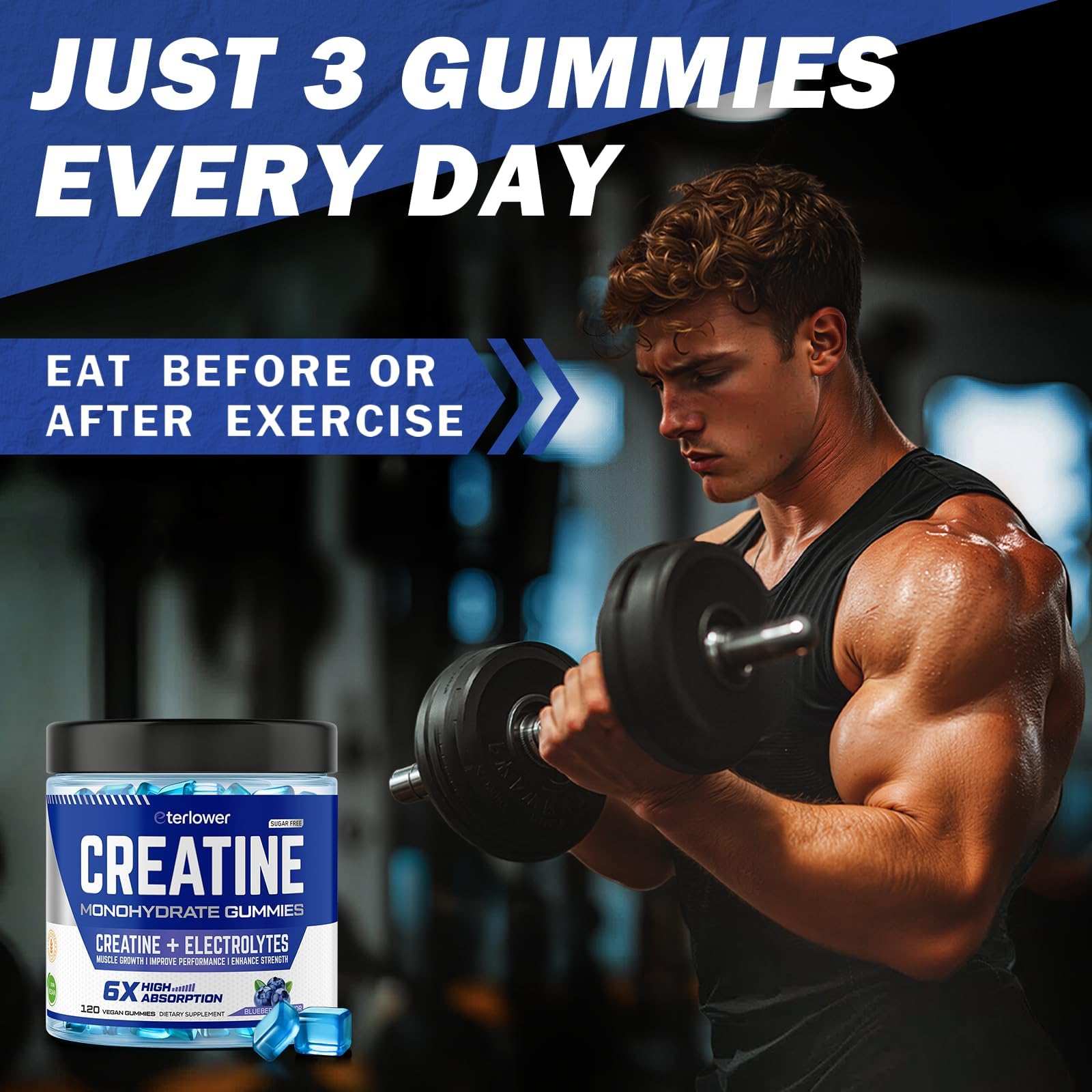 eterlower Creatine Monohydrate Gummies 5g – Pre-Workout Energy & Muscle Growth Support for Men & Women | Blueberry Electrolyte Gummies, 120 Count eterlower buy supplements canada