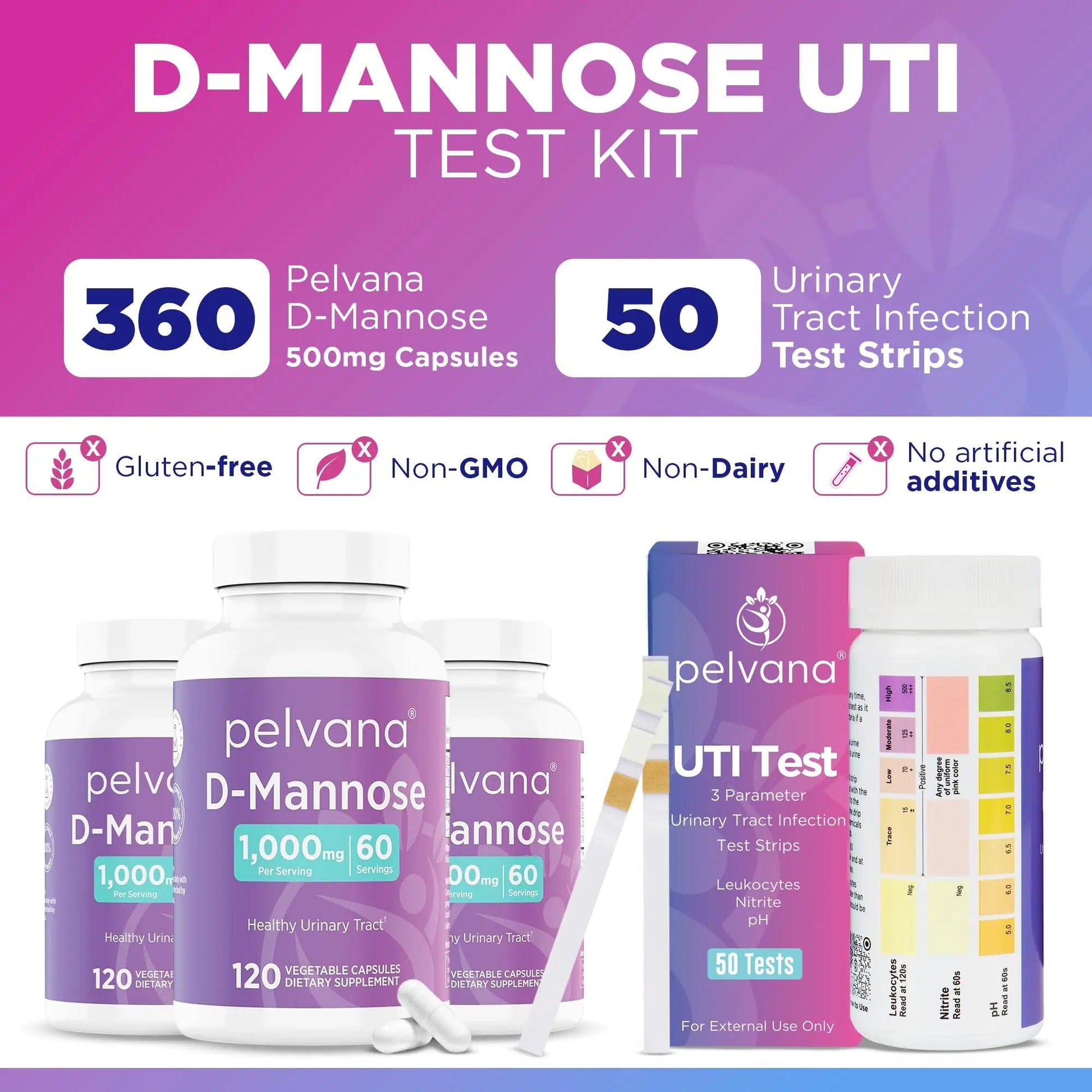 Pelvana D-Mannose UTI Kit for Women – UTI Test Strips & D-Mannose Supplement, At-Home Testing, Maintains Healthy Urinary Tract Balance, Flushes Impurities – 3 Bottles (120 Capsules) + 50 Test Strips Pelvana buy supplements canada