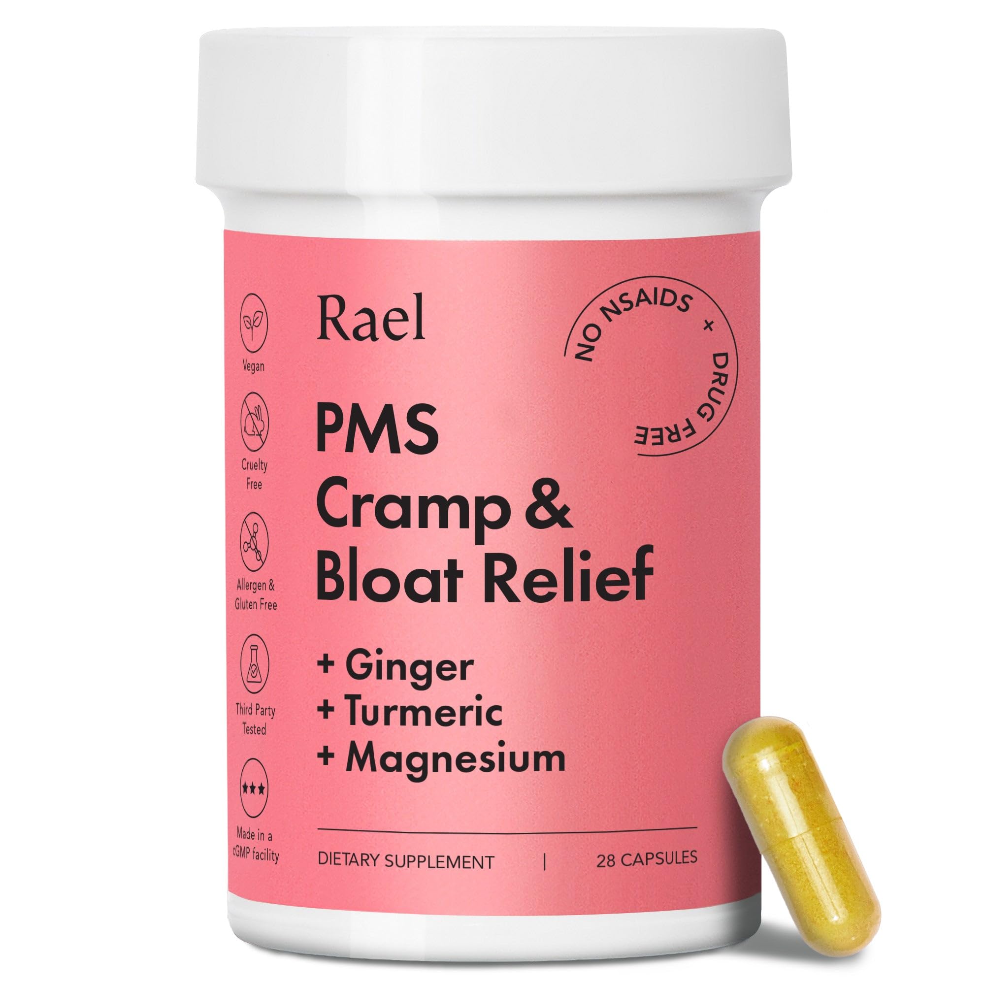 Rael PMS Supplement, Hormone Balance for Women, Relief from Menstrual Cramps with Turmeric, Ginger, Magnesium (28 Capsules) Rael buy supplements canada