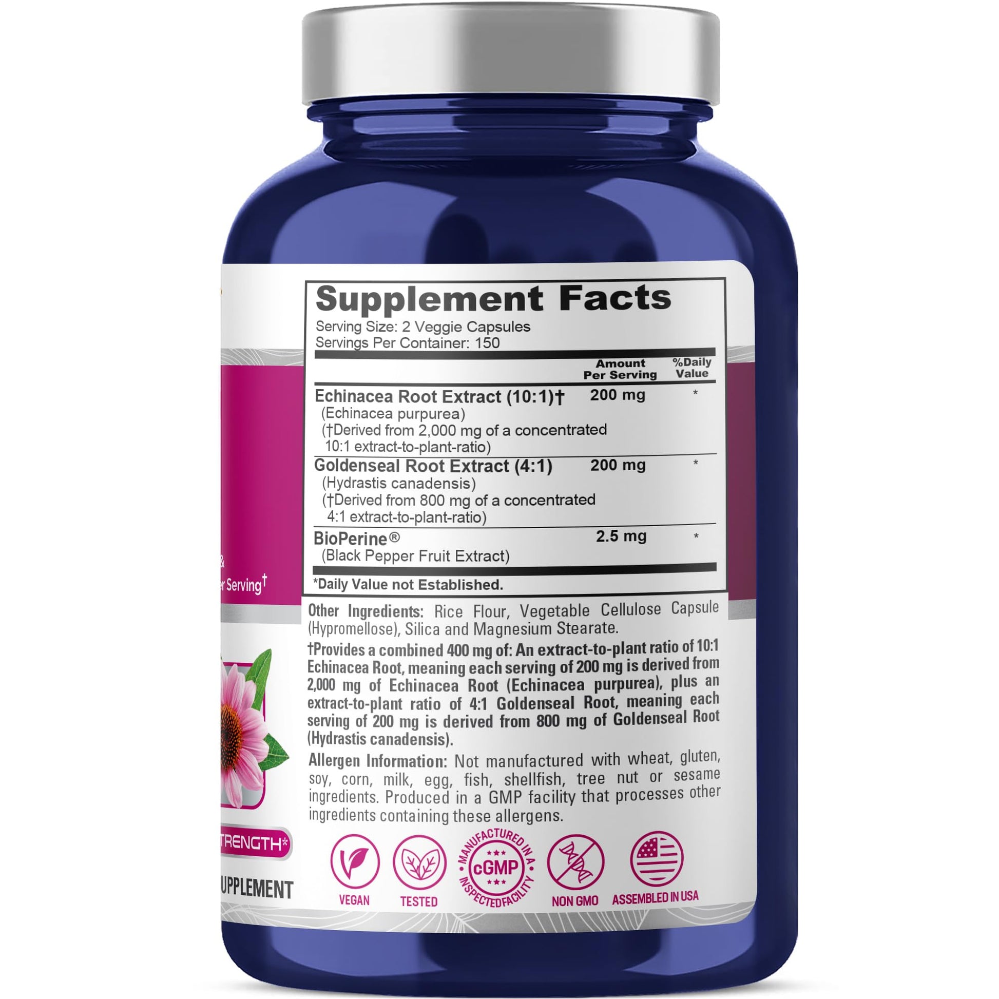 NusaPure Echinacea Goldenseal 200mg, (Extract 10:1, Equivalent to 2,000mg), 200mg, (Extract 4:1, Equivalent to 800mg) - 2800mg 300 Veggie Caps (Vegetarian, Non-GMO, Vegan) NusaPure buy supplements canada