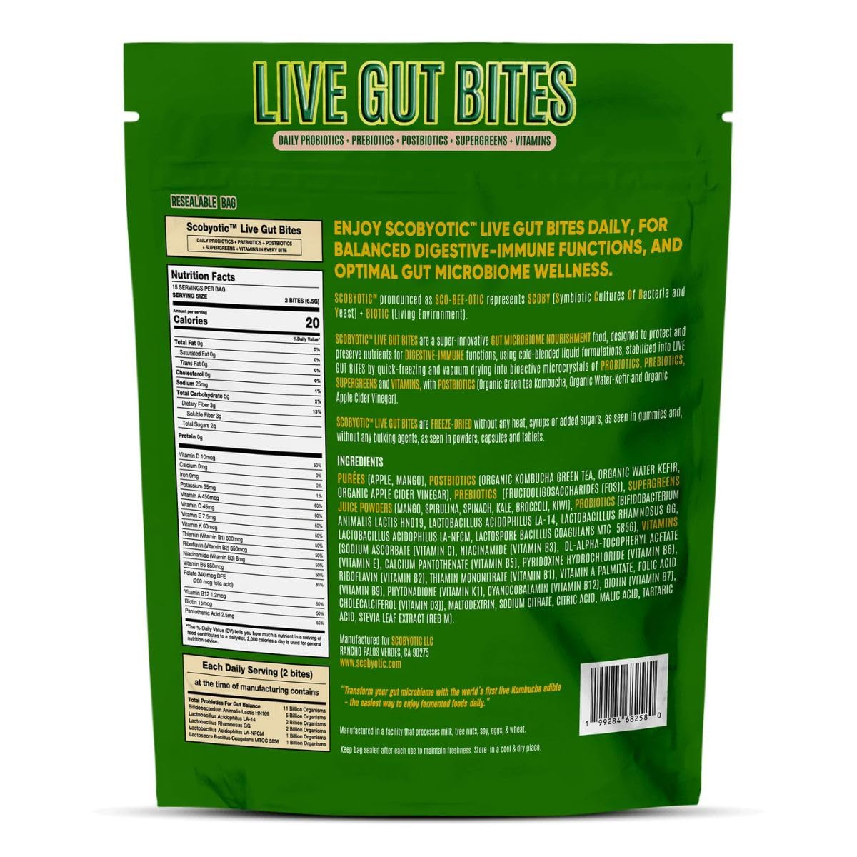 Scobyotic® Kombucha Supergreens Live Gut Bites – 10 Billion CFU Probiotics + Prebiotics & Postbiotics – Kombucha & Supergreens – Freeze-Dried Probiotic Supplement Scobyotic buy supplements canada