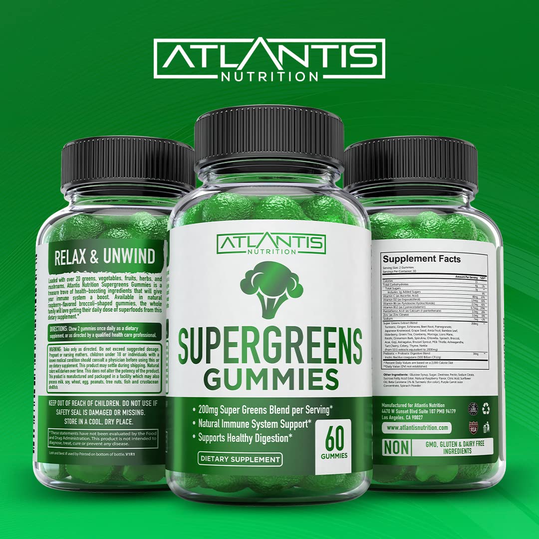 Atlantis Nutrition Supergreens Gummies - Daily Green Superfoods Supplement with Spinach, Broccoli, Moringa, Beet Root, Celery, Green Tea, & Acai for Immunity Support - Natural Raspberry Flavor, 60 cnt Atlantis Nutrition buy supplements canada