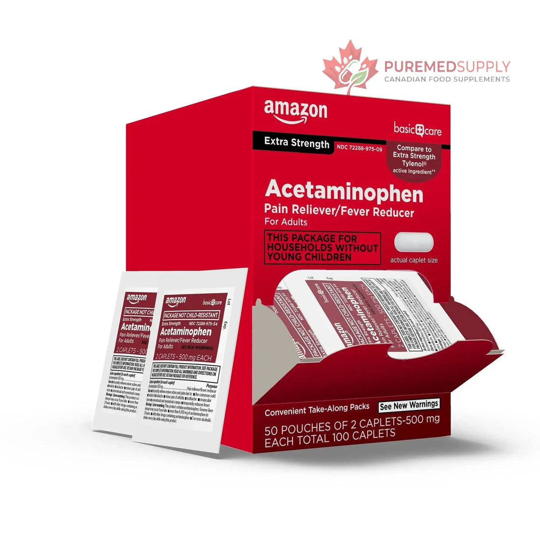 Amazon Basic Care Extra Strength Acetaminophen Caplets 500 mg, Pain Reliever and Fever Reducer, Gentle on Stomach, For Arthritis Pain, Backache Pain and More, 50 Packets of 2 Capsules Each, 100 Count Amazon Basic Care buy supplements canada