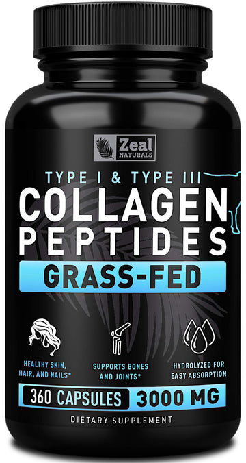 Zeal Naturals Collagen Peptides Collagen Pills (360 Capsules) Grass Fed Collagen Pepetide Powder - Hydrolyzed Collagen Powder for JointTendon SupplementHair Skin and Nails - Zeal Naturals buy supplements canada