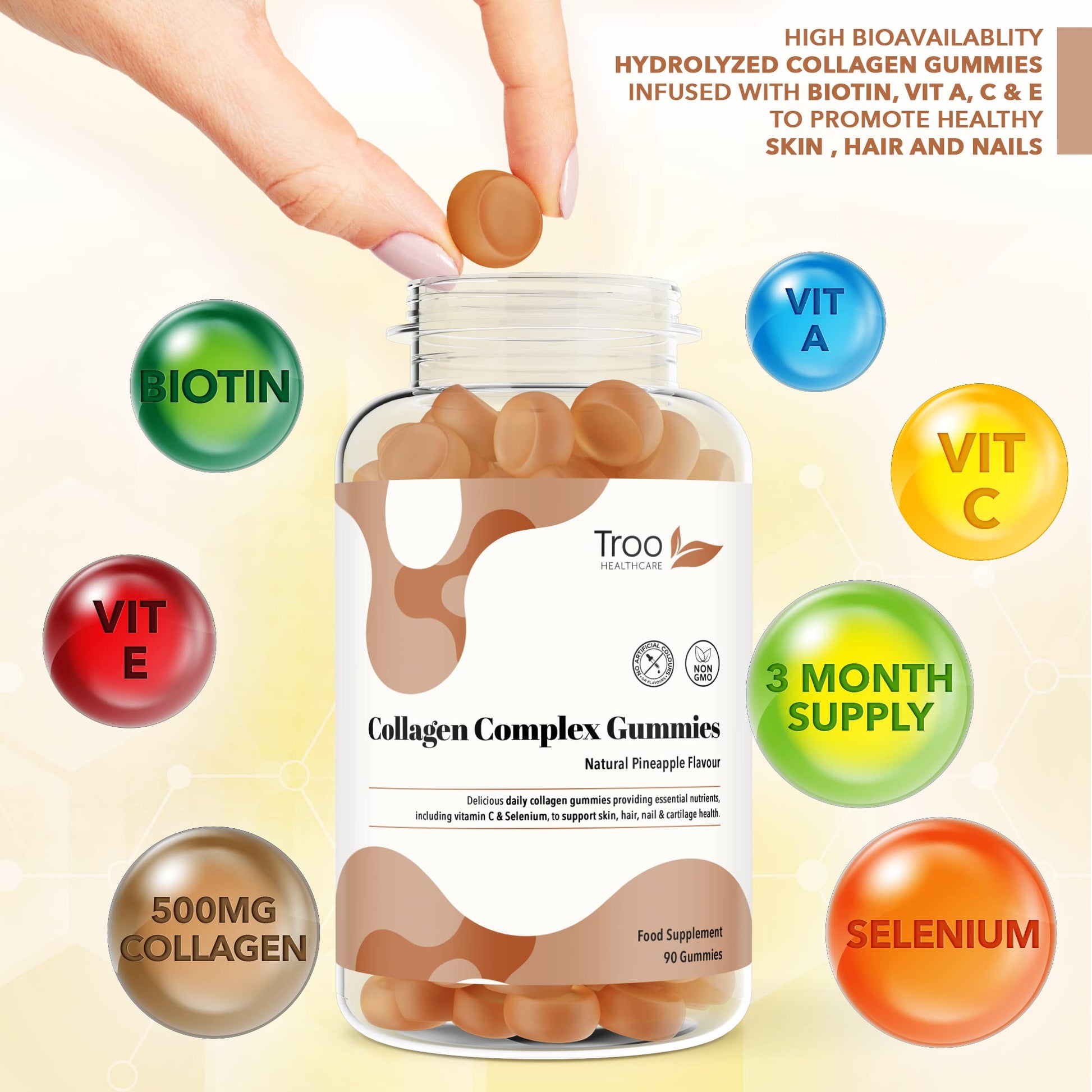 Hydrolysed Collagen Complex - 90 Natural Pineapple Flavour Chewable Gummies - One Per Day with Biotin, Vitamin C and Selenium Troo Health Care buy supplements canada