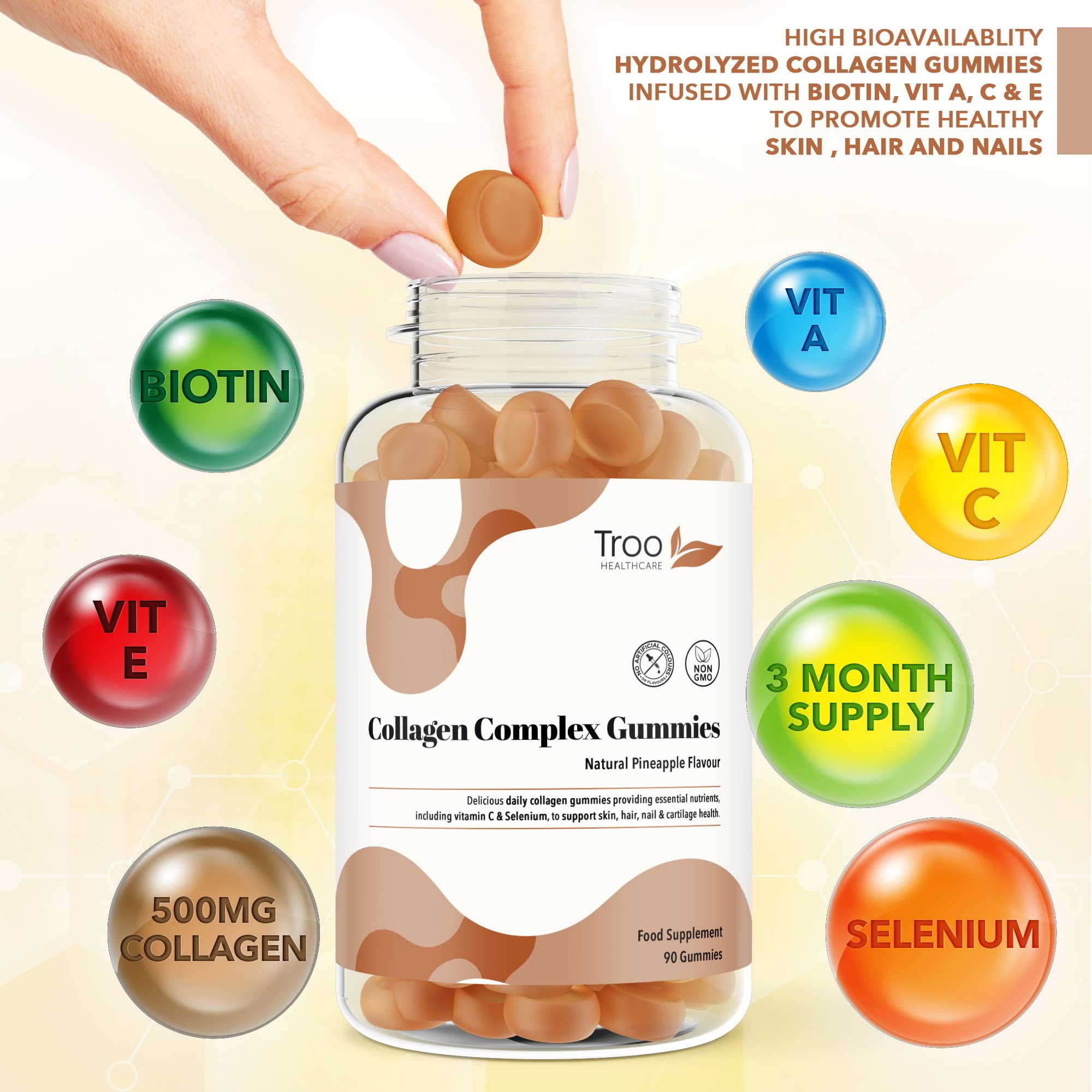 Hydrolysed Collagen Complex - 90 Natural Pineapple Flavour Chewable Gummies - One Per Day with Biotin, Vitamin C and Selenium Troo Health Care buy supplements canada