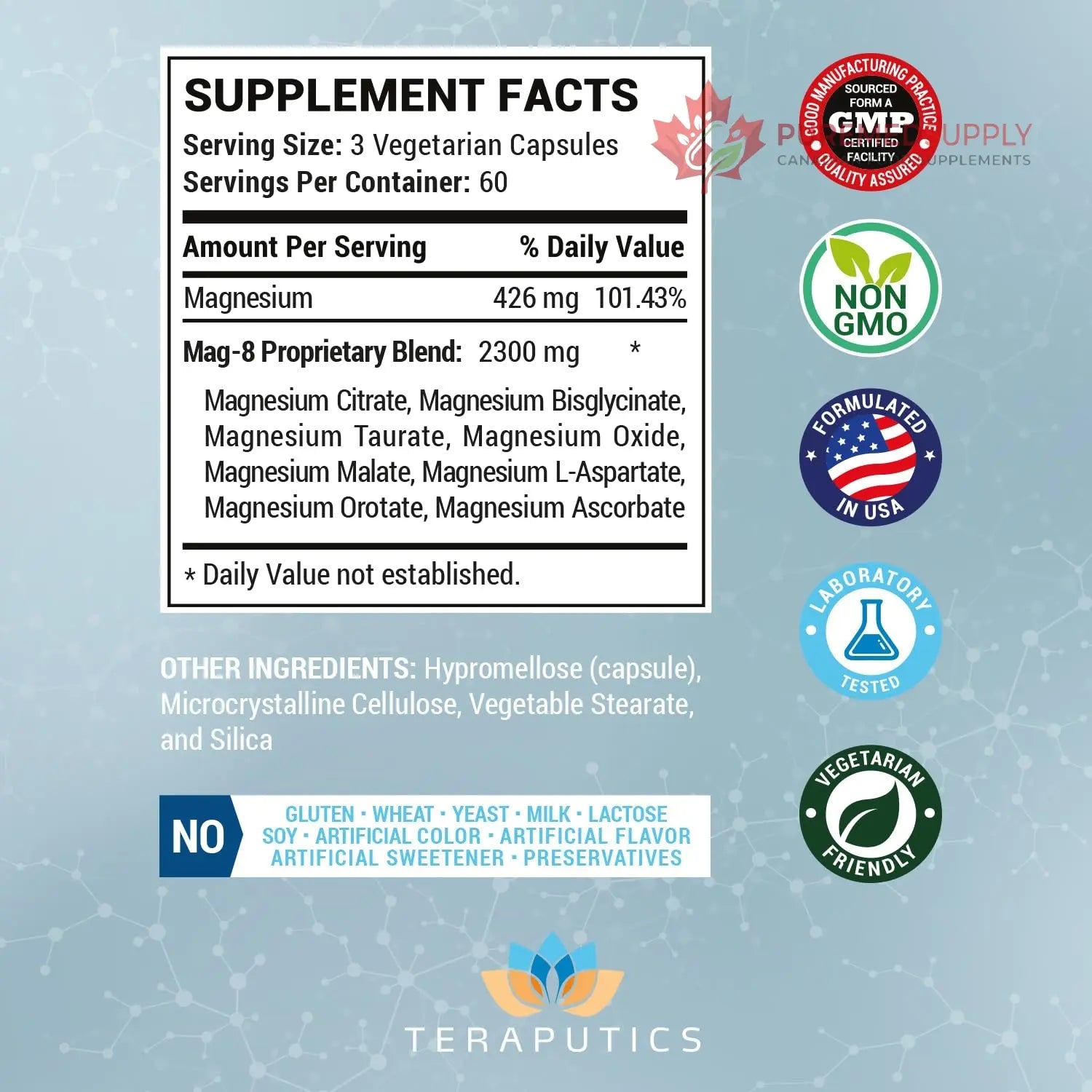 8 in 1 Magnesium Complex for Women & Men 426mg | 180 Vegan Capsules | MAG-8 Blend: Citrate, Bisglycinate, Malate, & More | Non-GMO Magnesio Complex Supplement | Provides 100% Daily Recommended Value Teraputics buy supplements canada