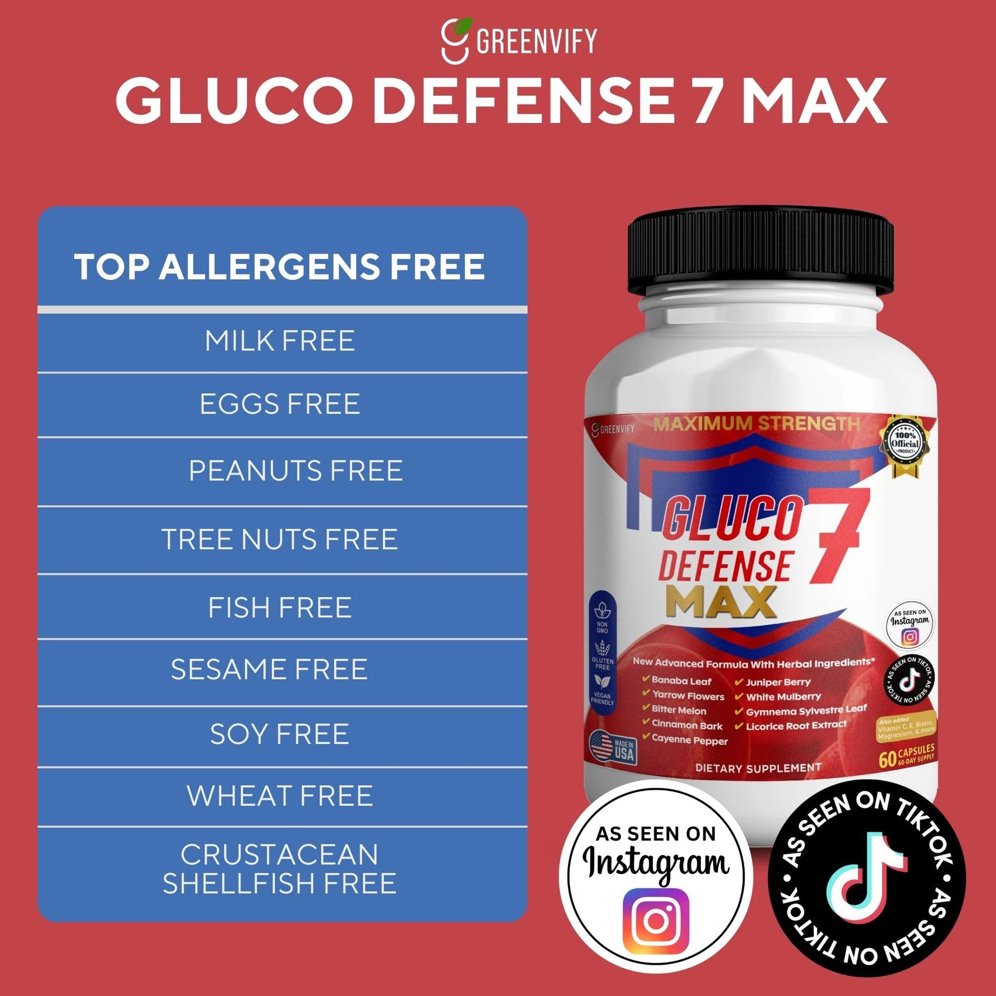 GREENVIFY Gluco Defense 7 Max, Maximum Strength Dietary Supplement, 60 Capsules, with Banaba Leaf, Juniper Berry, Yarrow Flowers (1) GREENVIFY buy supplements canada