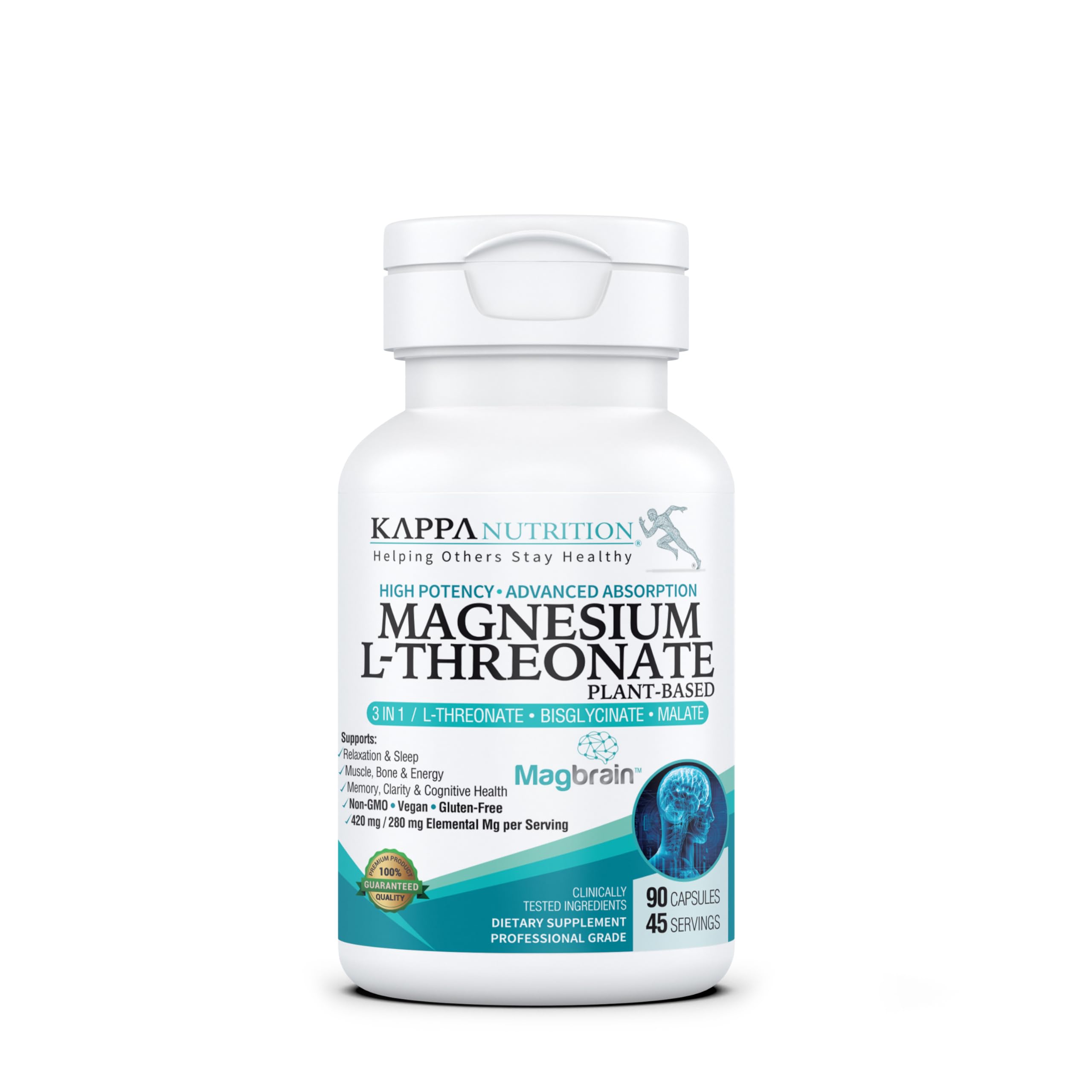 Kappa Nutrition Powered by Magbrain™ Magnesium L-Threonate Plant-Based, 90 Vegan Capsules, 420mg Elemental Magnesium (3 Capsules) from 2,253mg, Brain, Sleep & Muscle Support. KAPPA NUTRITION buy supplements canada