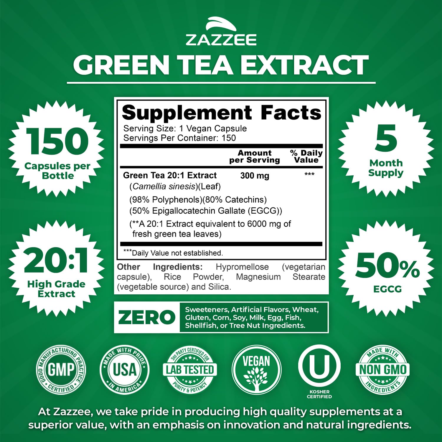 Zazzee Extra Strength Green Tea 20:1 Extract, 50% EGCG, 98% Polyphenols, 80% Catechins, 150 Vegan Capsules, 5 Month Supply, Certified Kosher Zazzee buy supplements canada
